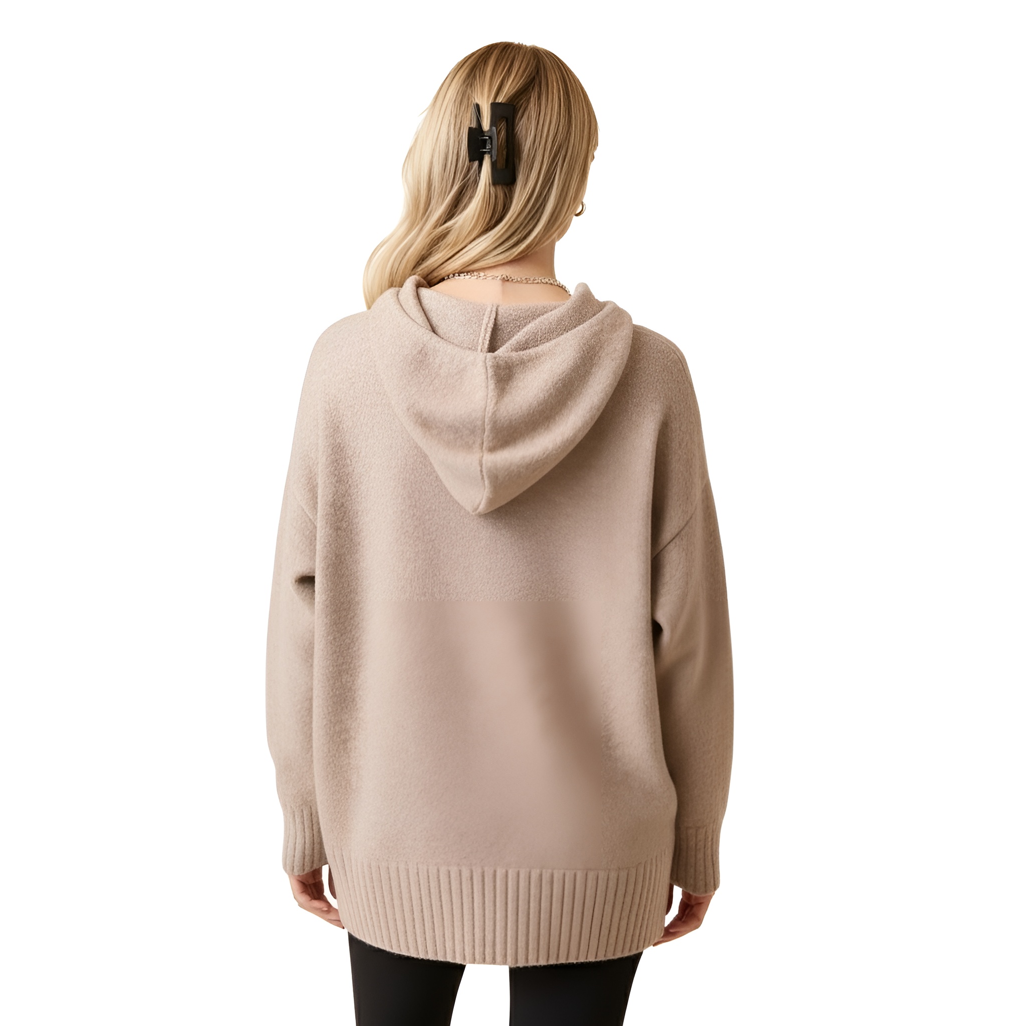 Long Sleeve Knit Hoodie For Women With Ribbed Details And Loose Fit