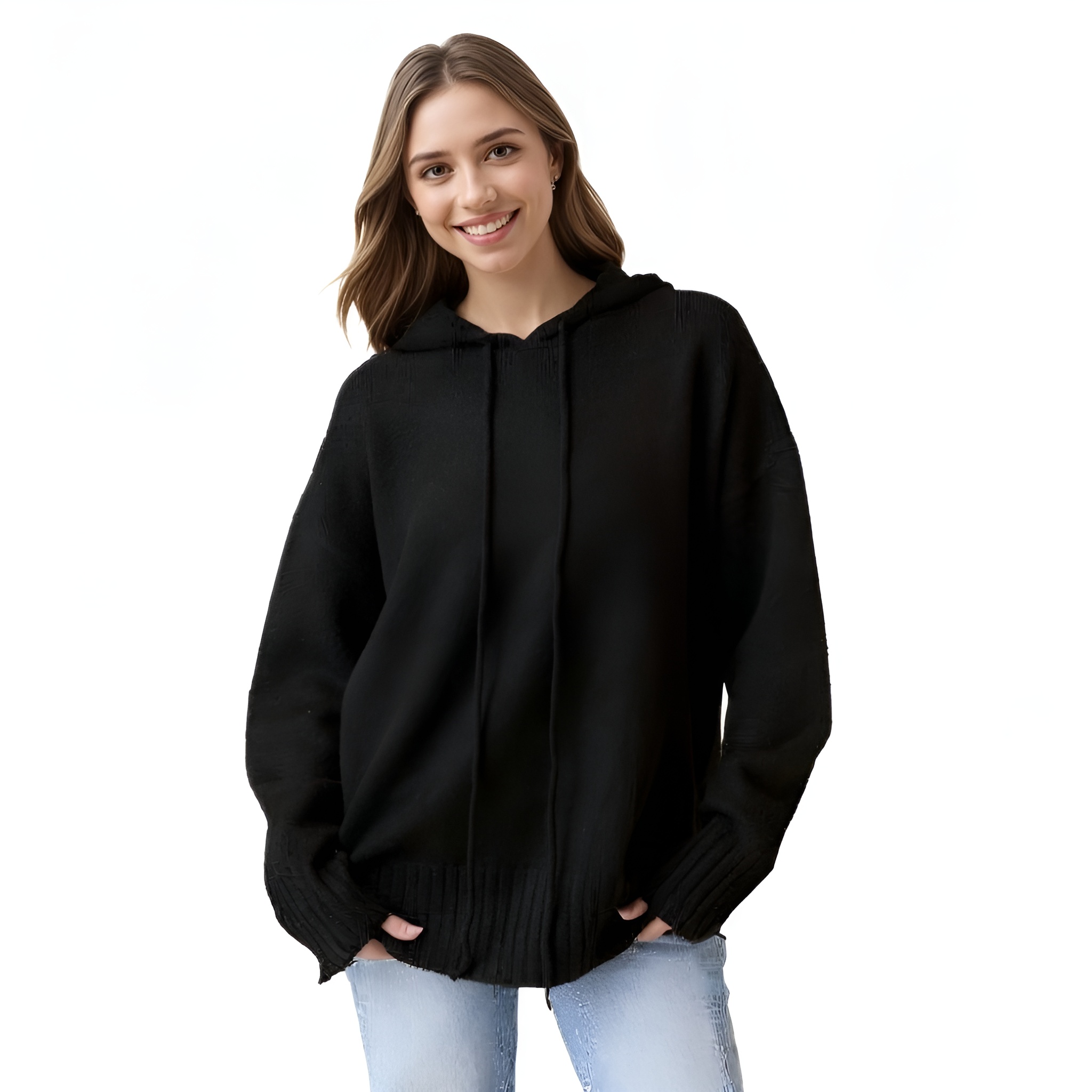 Long Sleeve Knit Hoodie For Women With Ribbed Details And Loose Fit