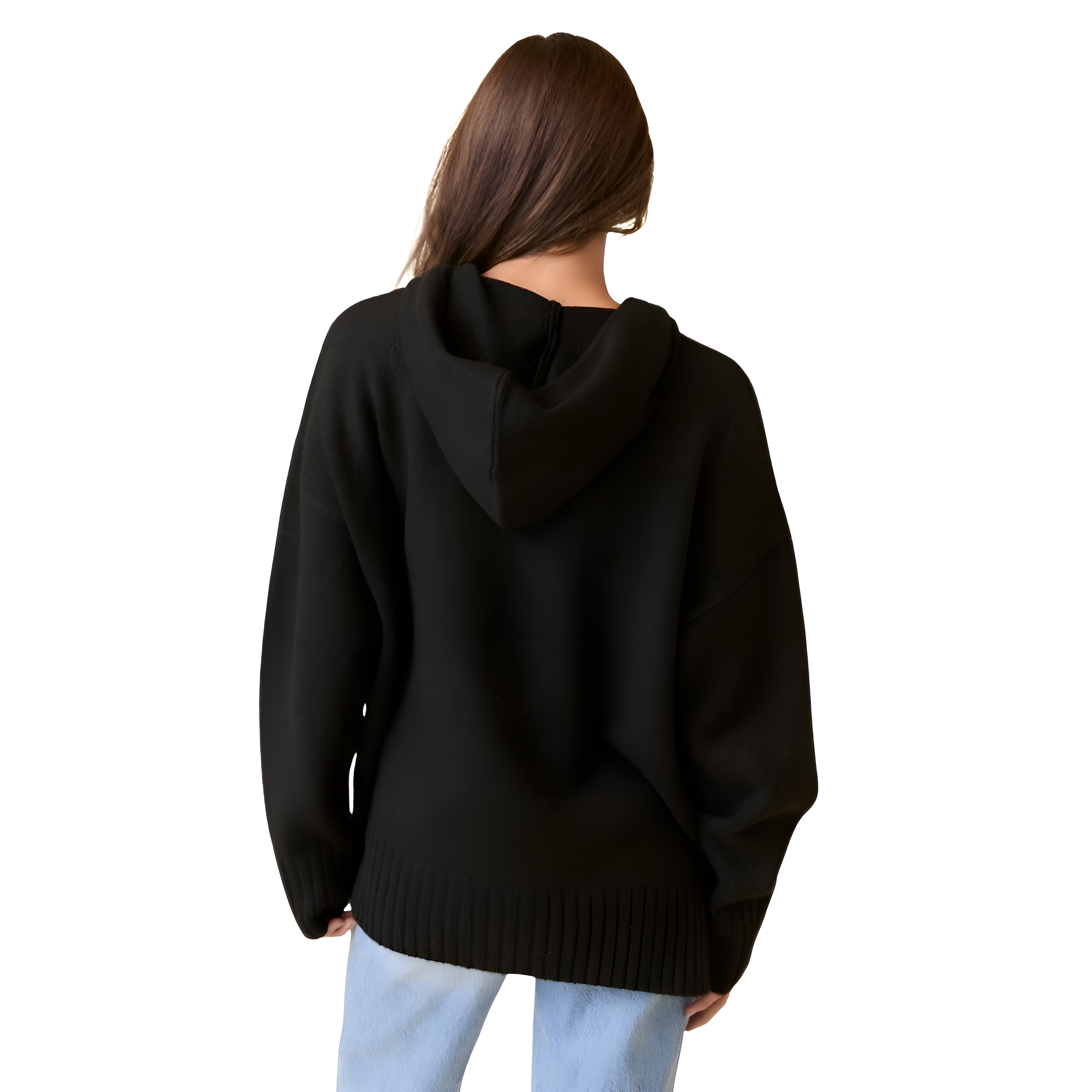 Long Sleeve Knit Hoodie For Women With Ribbed Details And Loose Fit