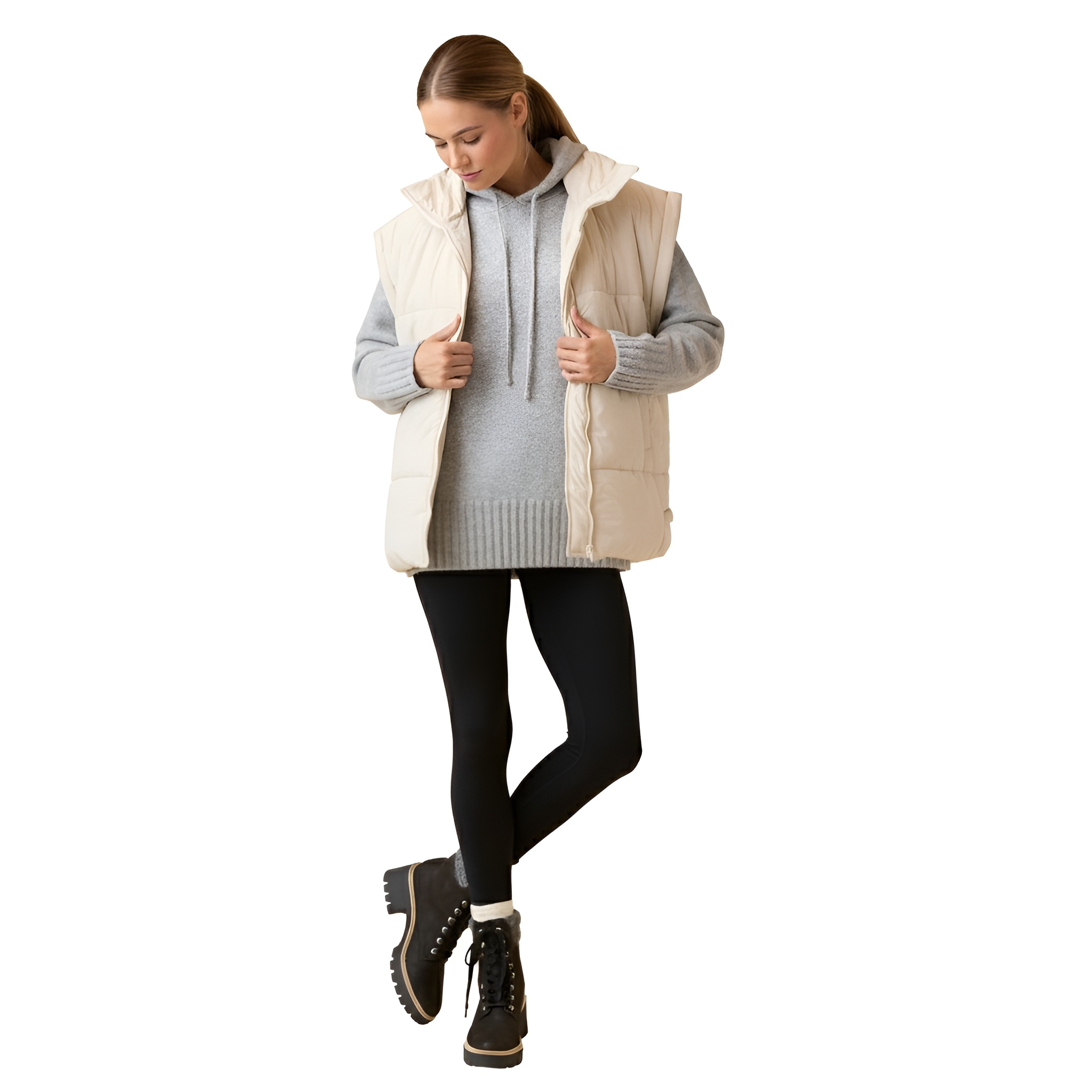 Long Sleeve Knit Hoodie For Women With Ribbed Details And Loose Fit