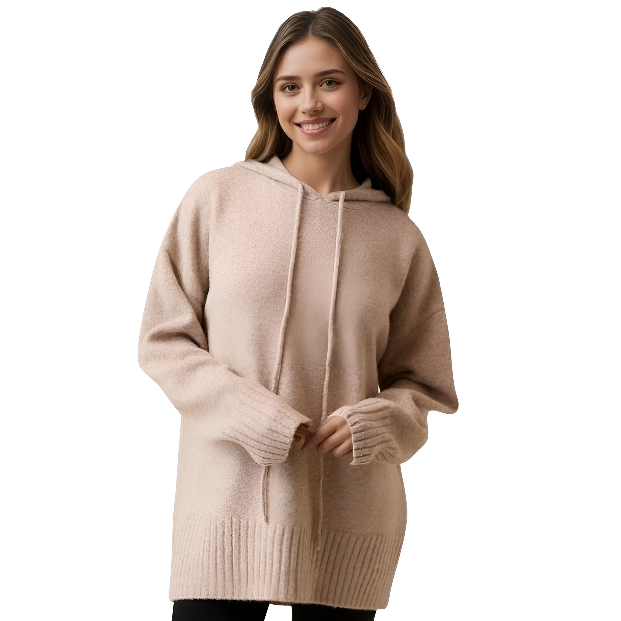 Long Sleeve Knit Hoodie For Women With Ribbed Details And Loose Fit