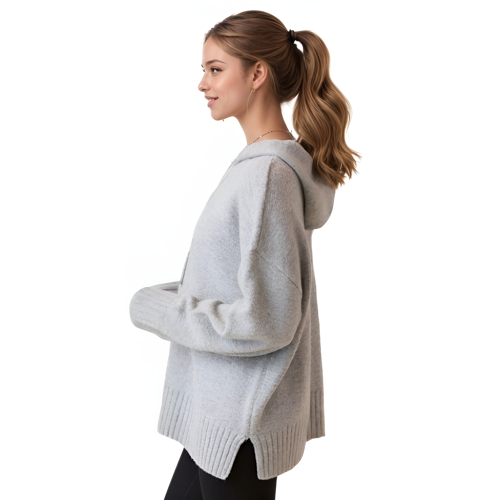 Long Sleeve Knit Hoodie For Women With Ribbed Details And Loose Fit