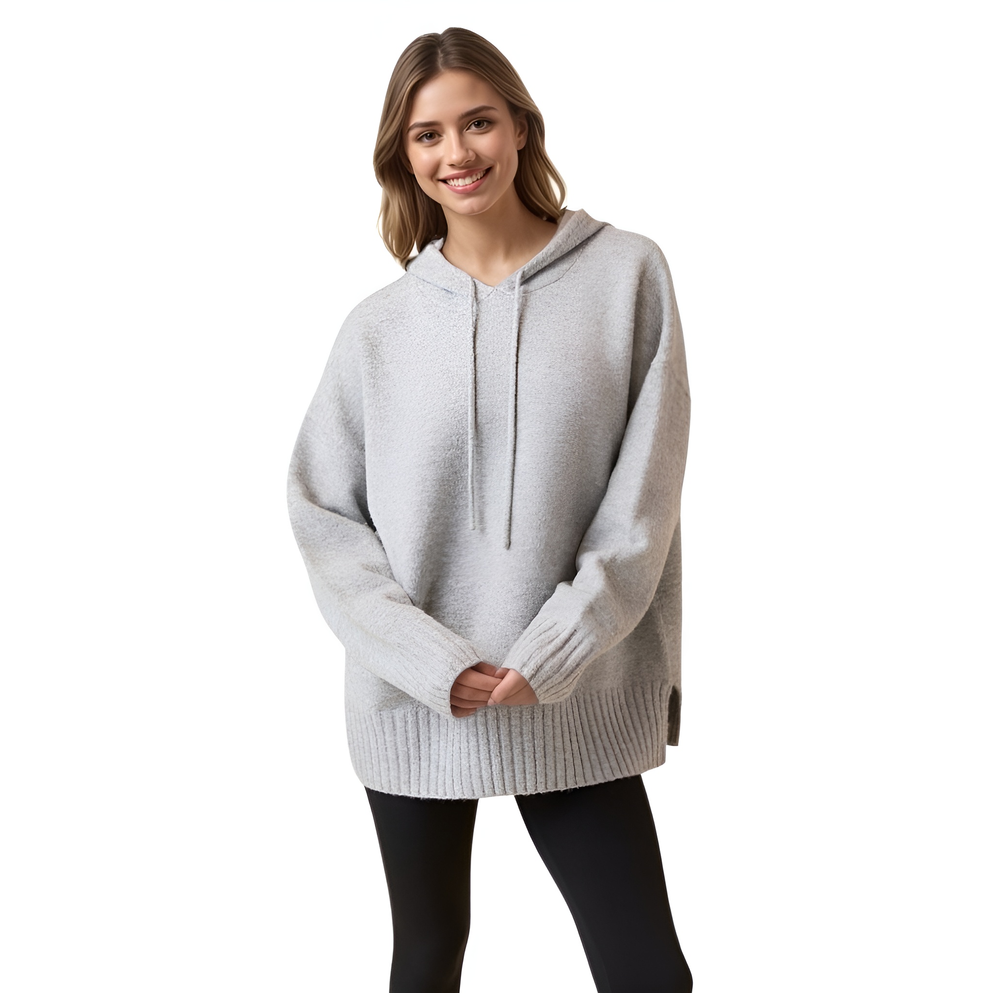 Long Sleeve Knit Hoodie For Women With Ribbed Details And Loose Fit