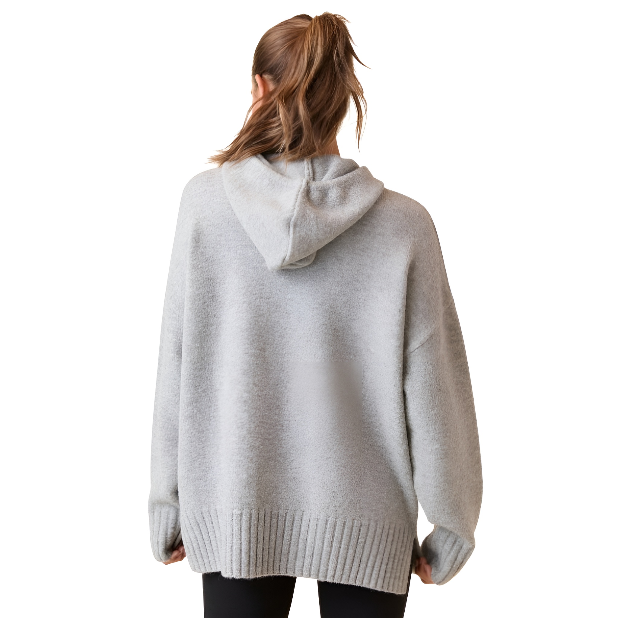 Long Sleeve Knit Hoodie For Women With Ribbed Details And Loose Fit