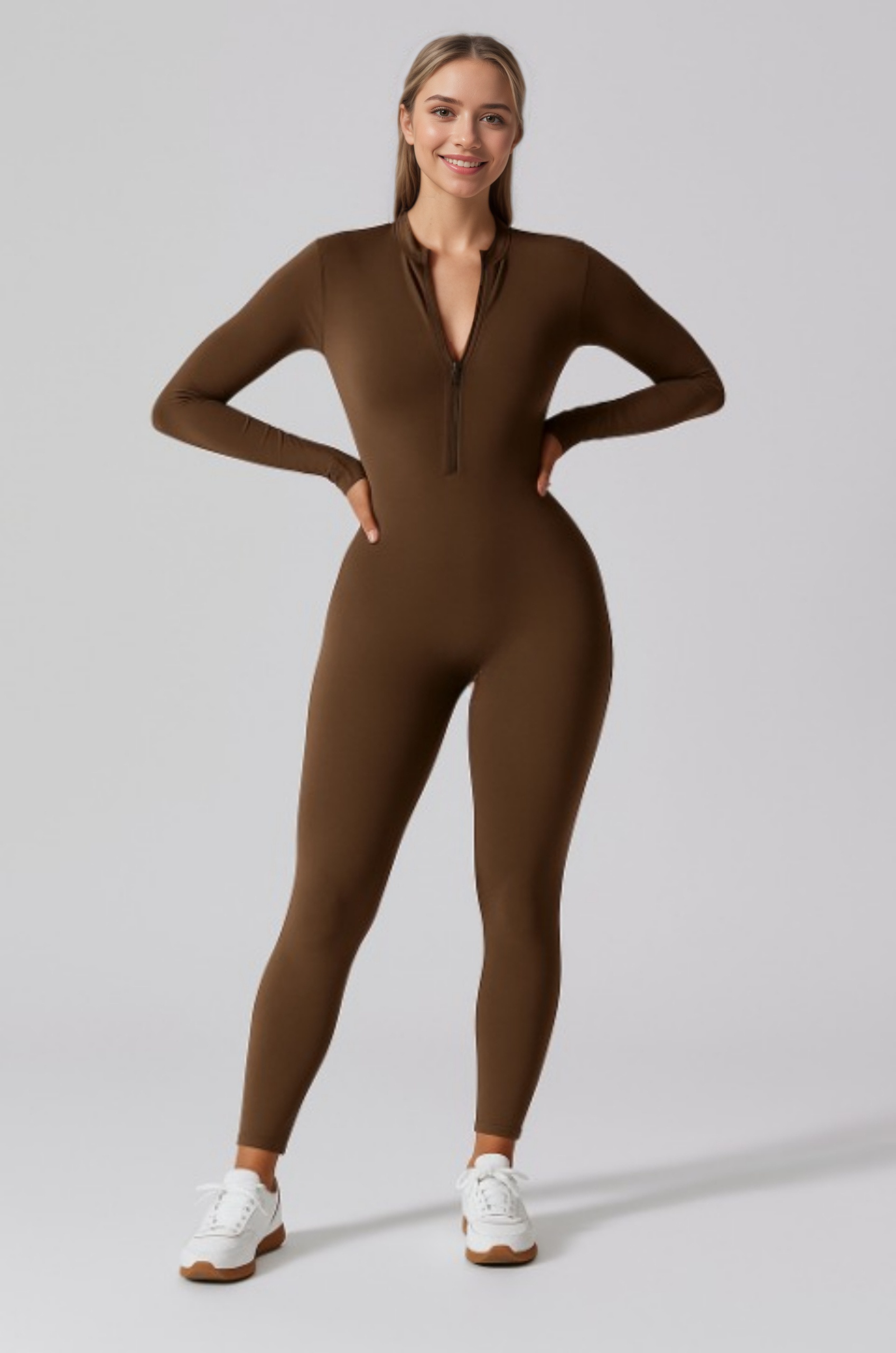 Long Sleeved Fitted Yoga Jumpsuit With Front Zipper