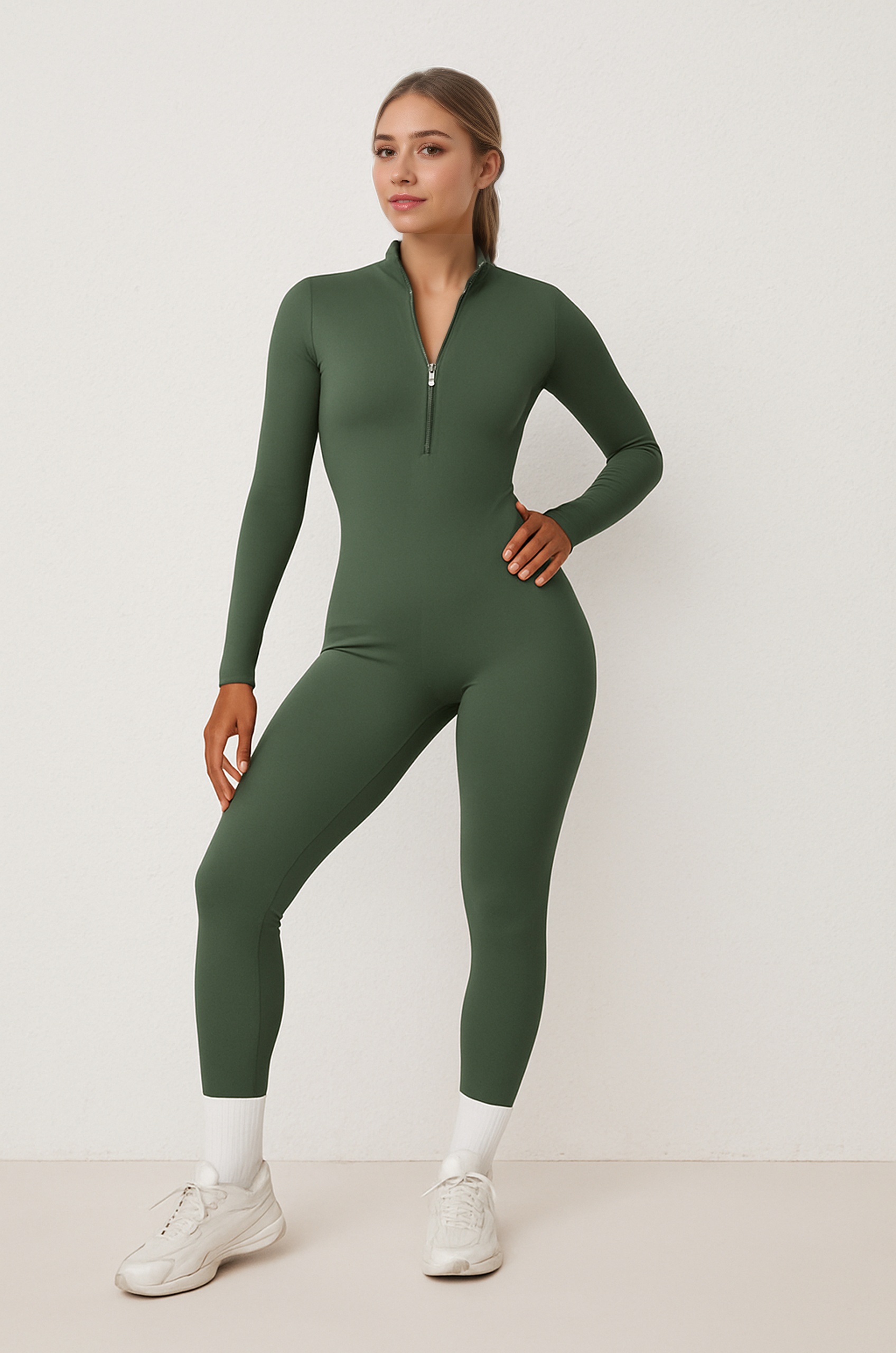 Long Sleeved Fitted Yoga Jumpsuit With Front Zipper