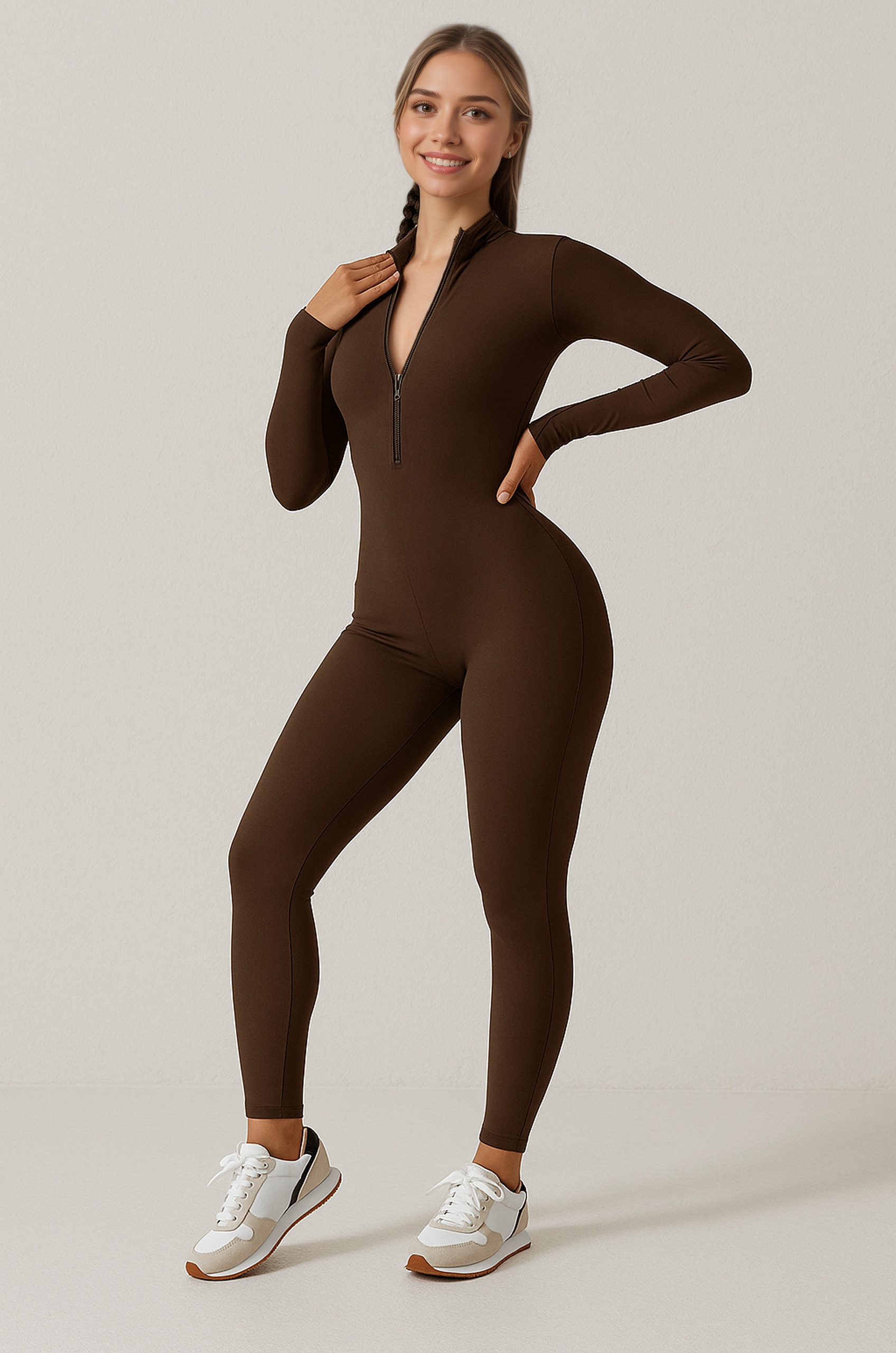 Long Sleeved Fitted Yoga Jumpsuit With Front Zipper