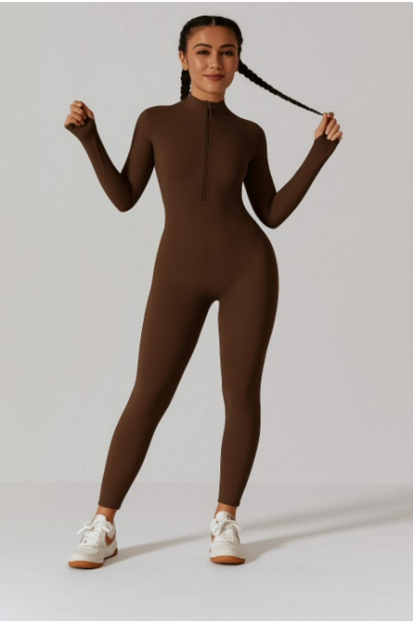 Long Sleeved Fitted Yoga Jumpsuit With Front Zipper