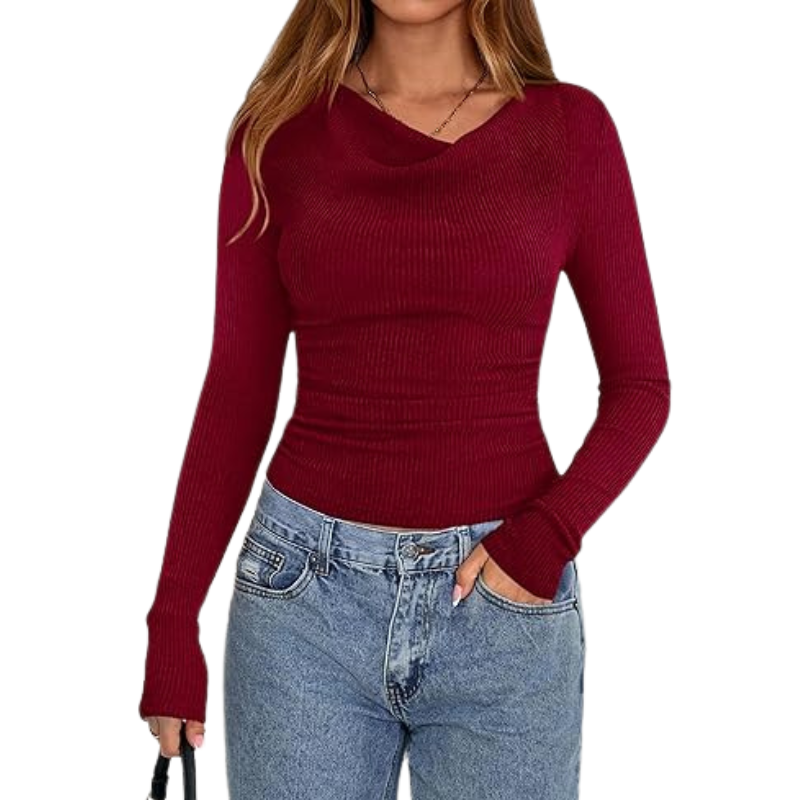 Womens Long Sleeve Cowl Neck Ribbed Knit Slim Fit Top