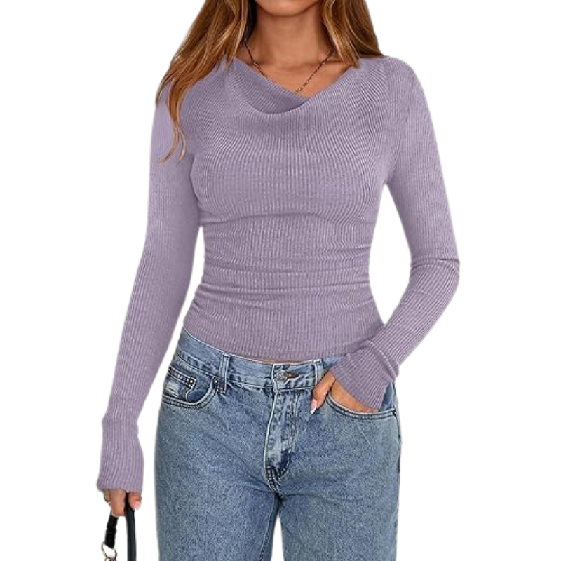 Womens Long Sleeve Cowl Neck Ribbed Knit Slim Fit Top