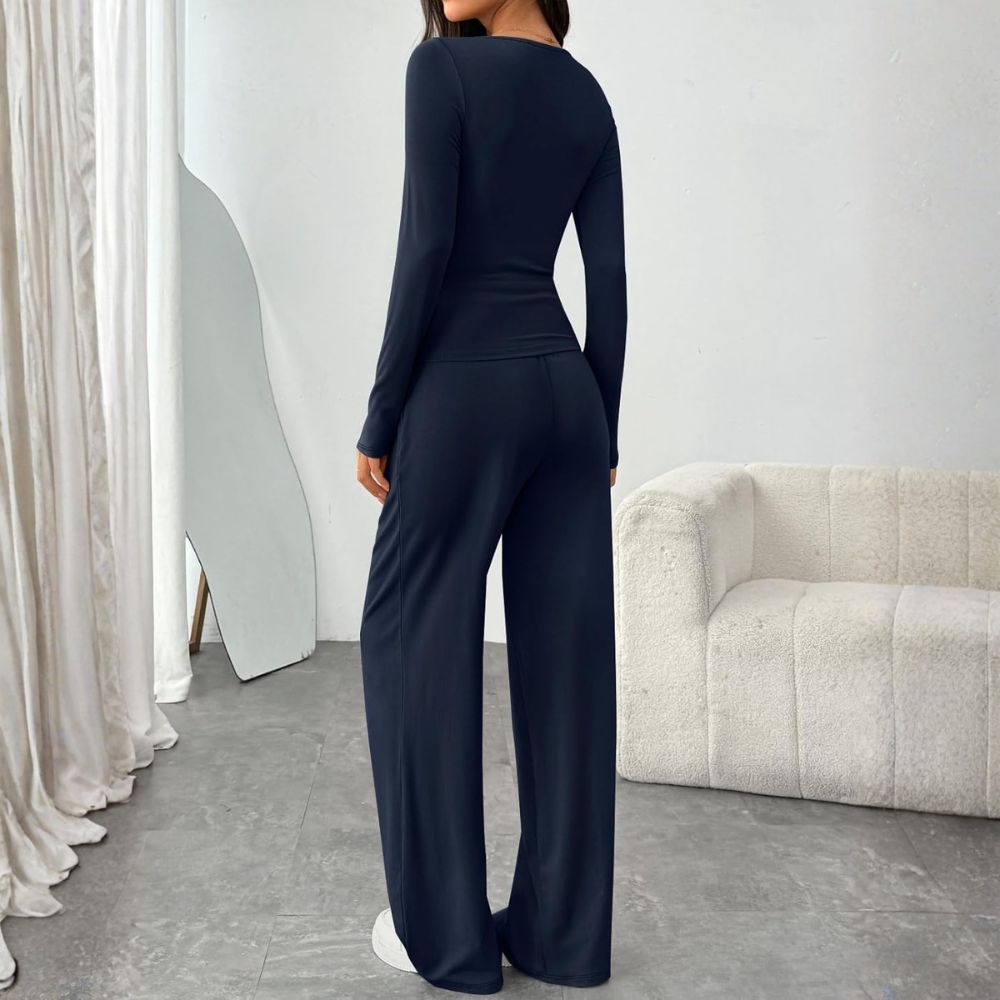 2 Piece Scoop Neck Lounge Set Womens Wide Leg Pants Side Ruching Slightly Crop Top