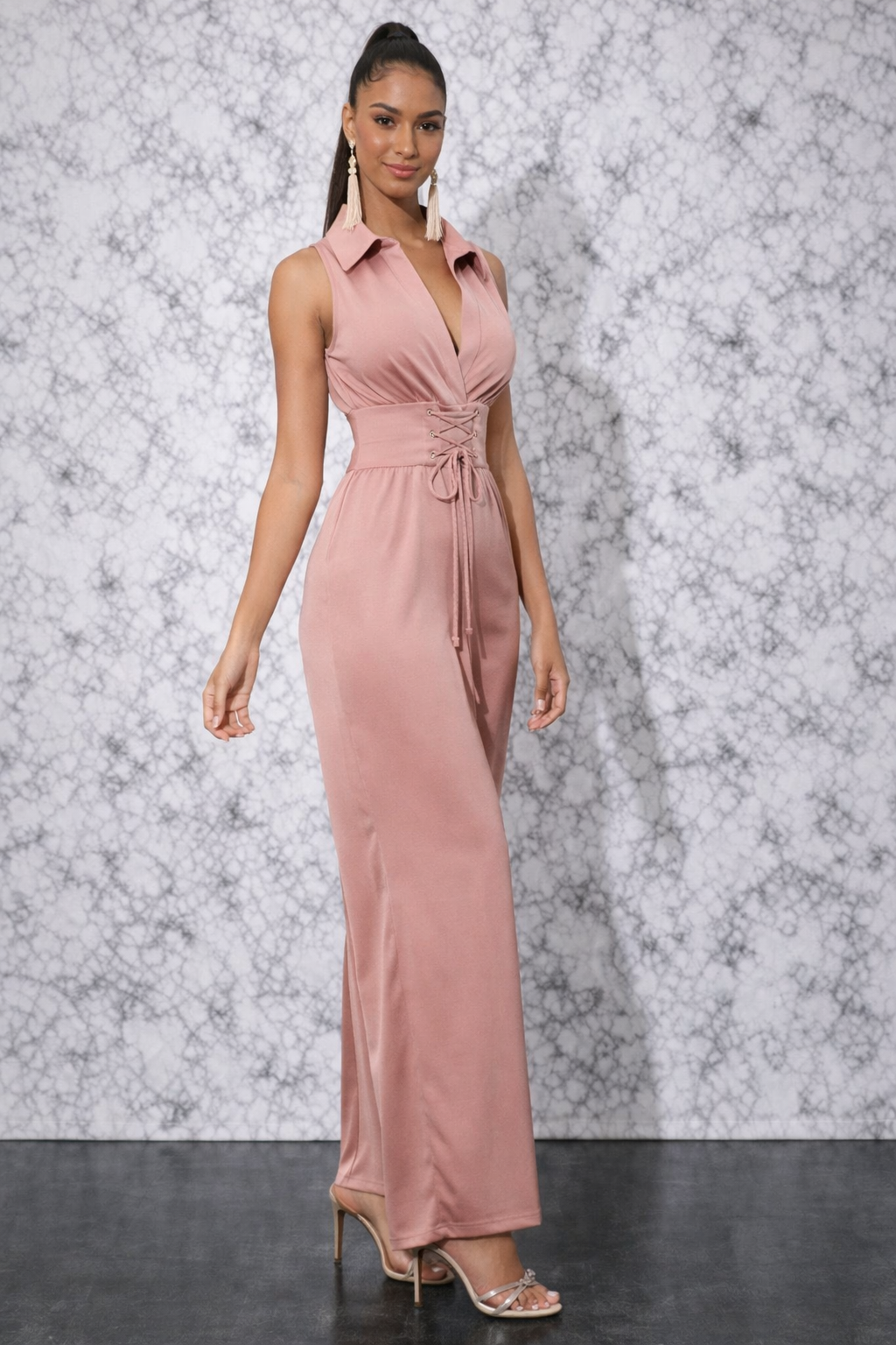 Lace Up Waist Shirt Jumpsuit