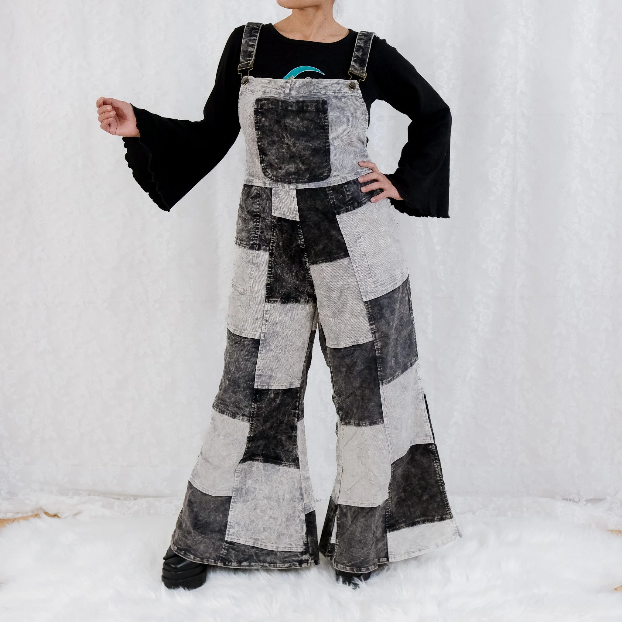 Patchwork Corduroy Bell Bottom Jumpsuit For Women