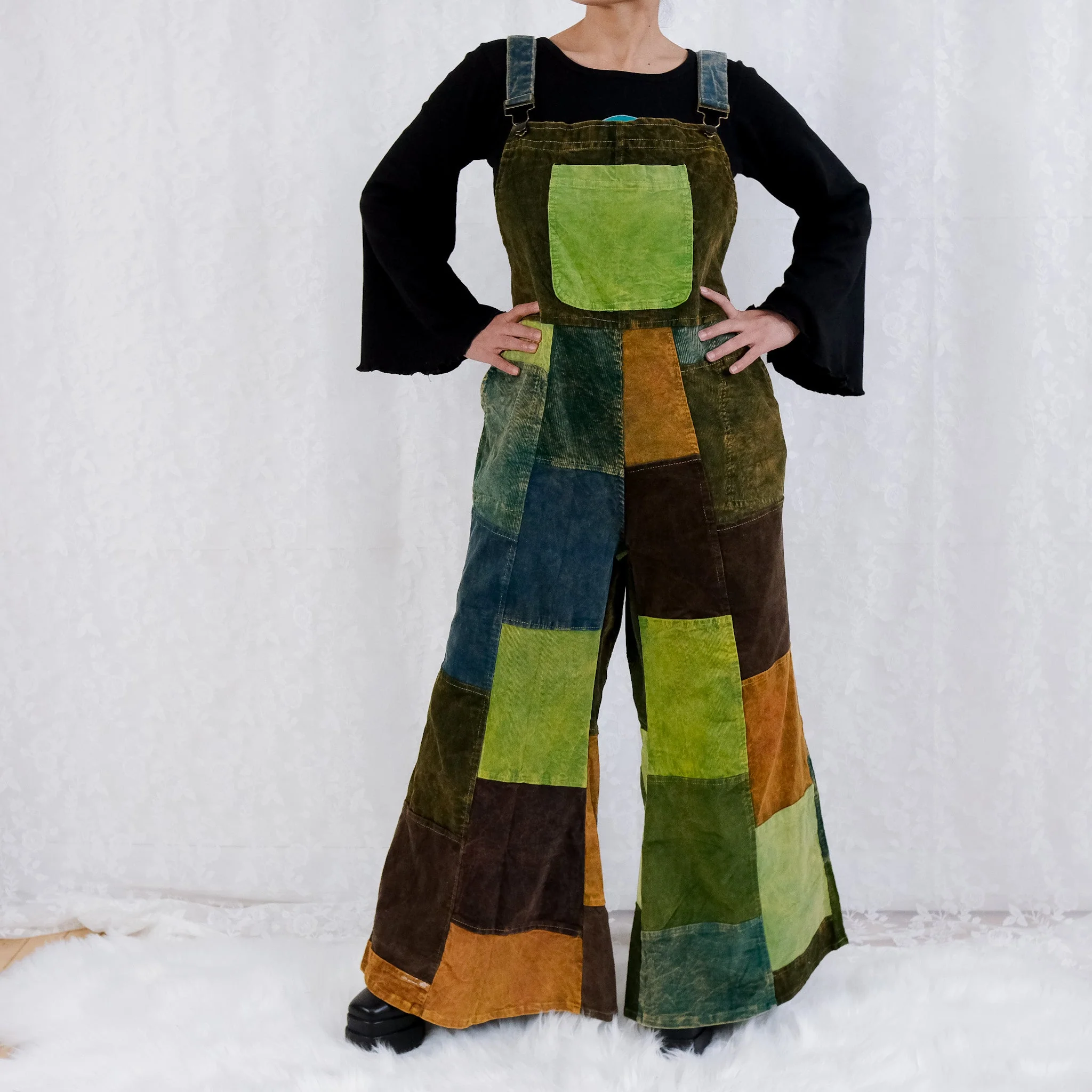 Patchwork Corduroy Bell Bottom Jumpsuit For Women