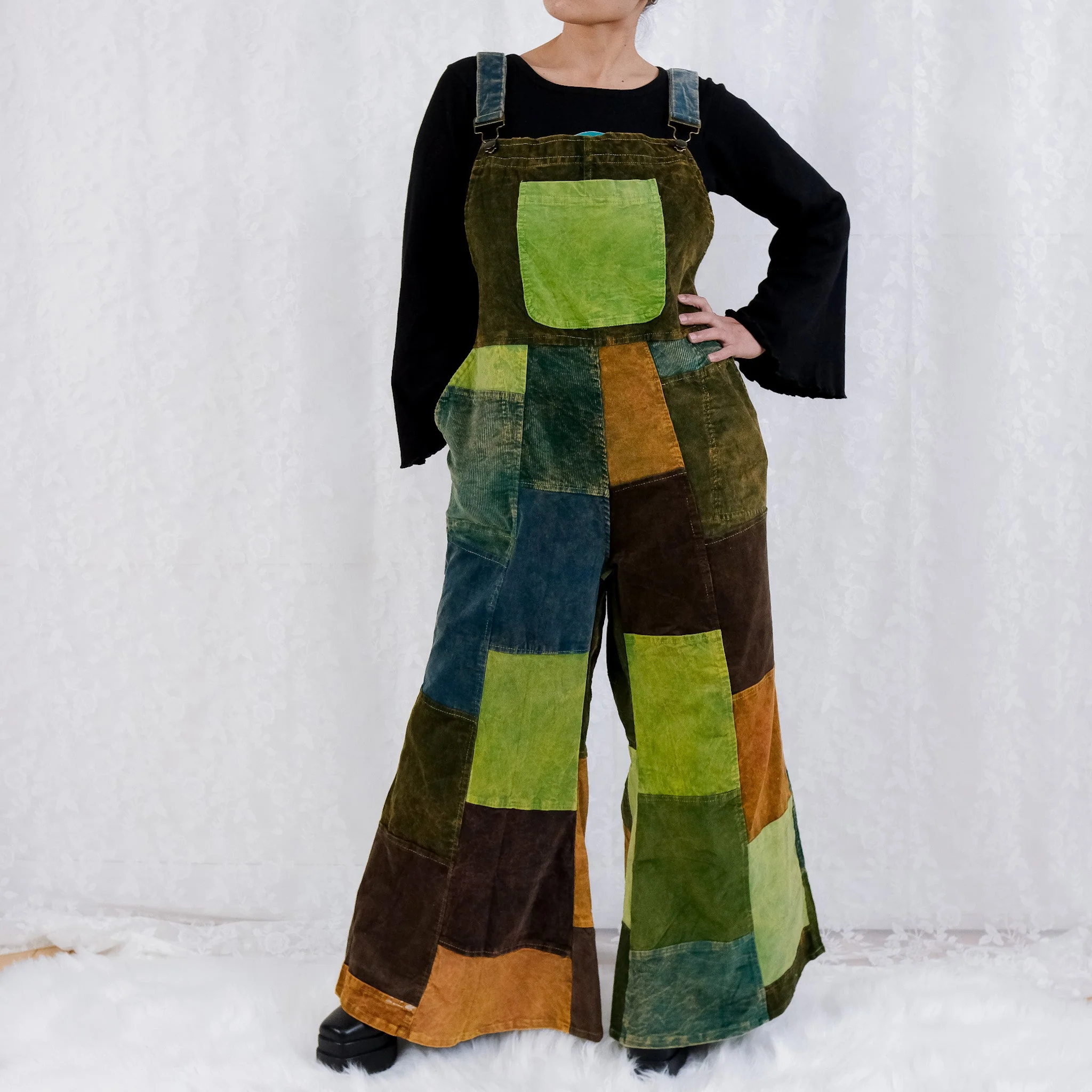 Patchwork Corduroy Bell Bottom Jumpsuit For Women