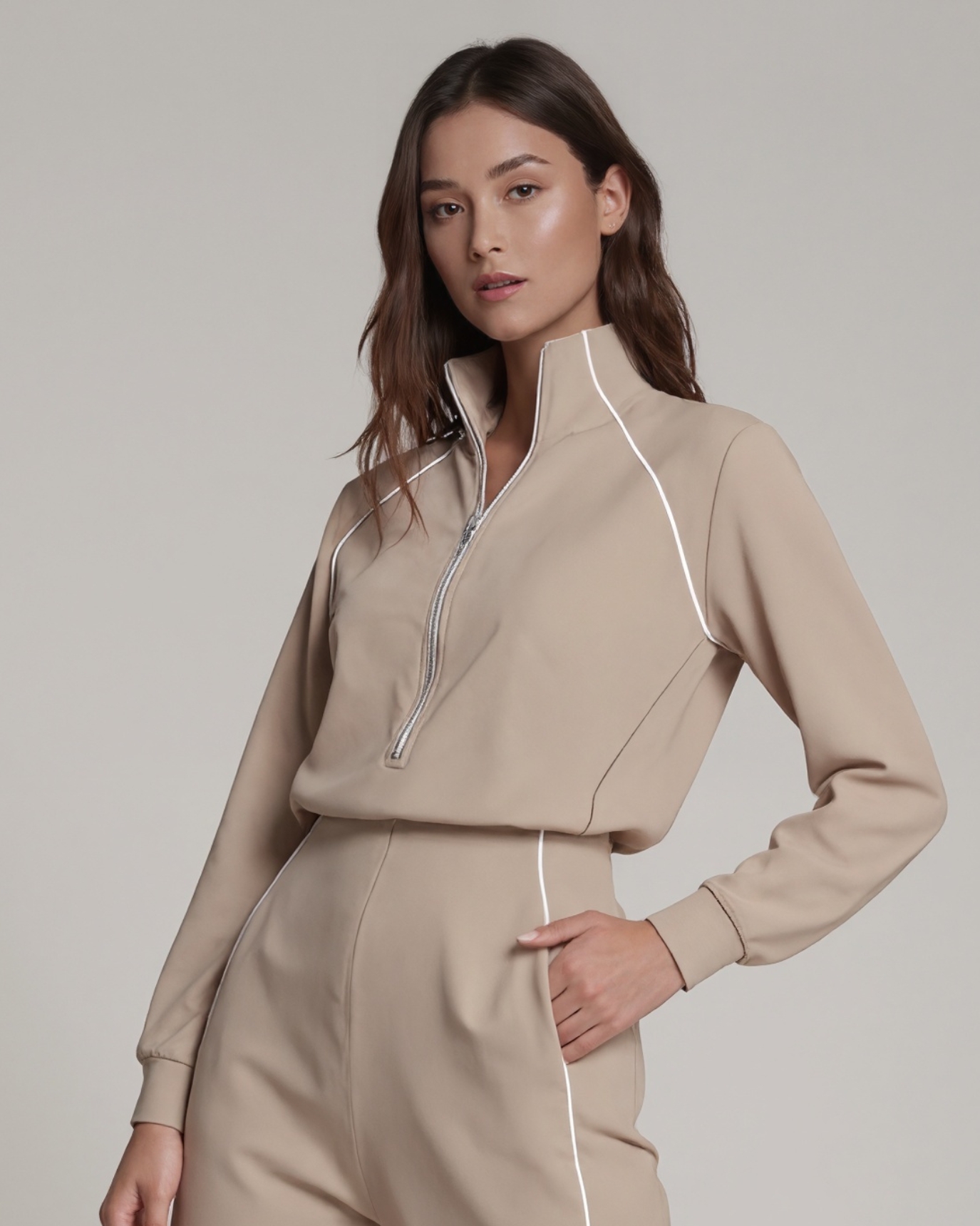 Pique Half Zip Jumpsuit Soft Stretch One Piece