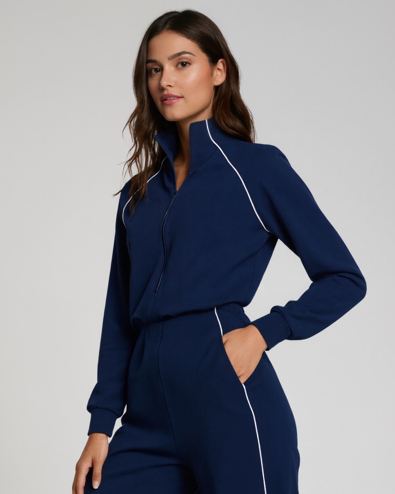 Pique Half Zip Jumpsuit Soft Stretch One Piece