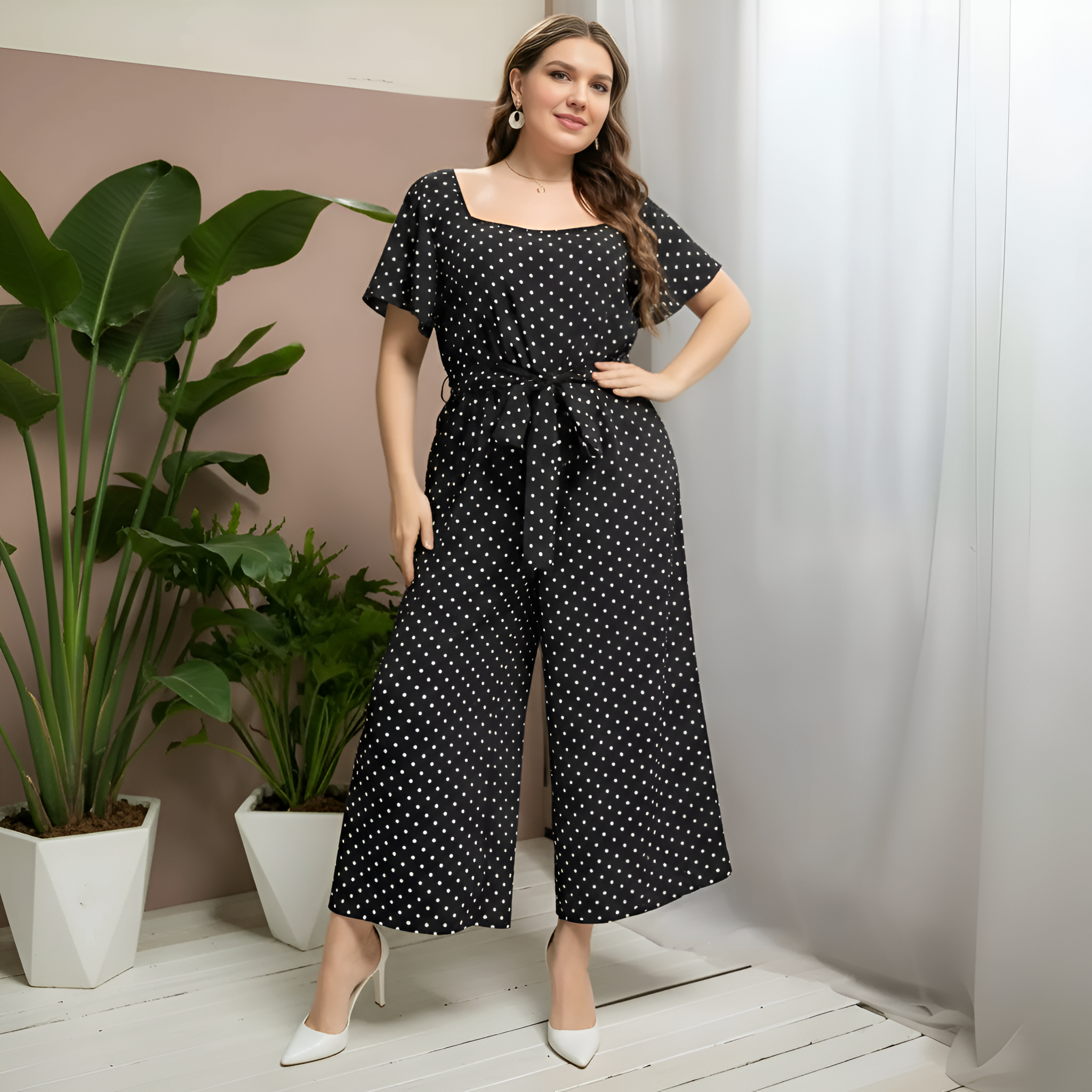 Plus Size Polka Dot Design Jumpsuit With Belt For Women