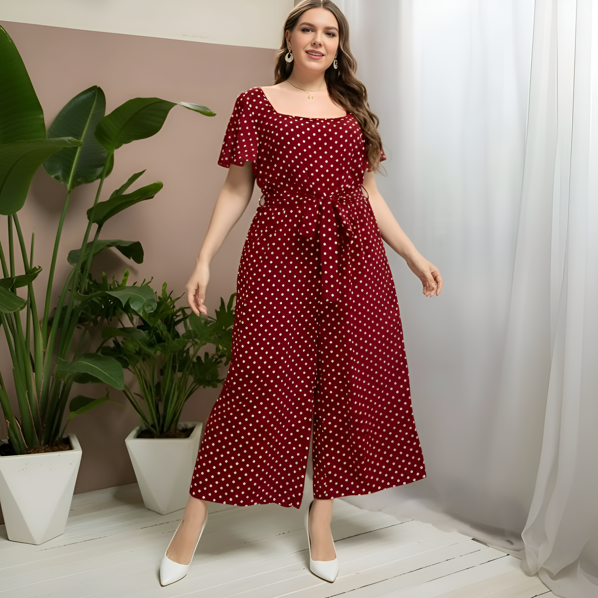 Plus Size Polka Dot Design Jumpsuit With Belt For Women