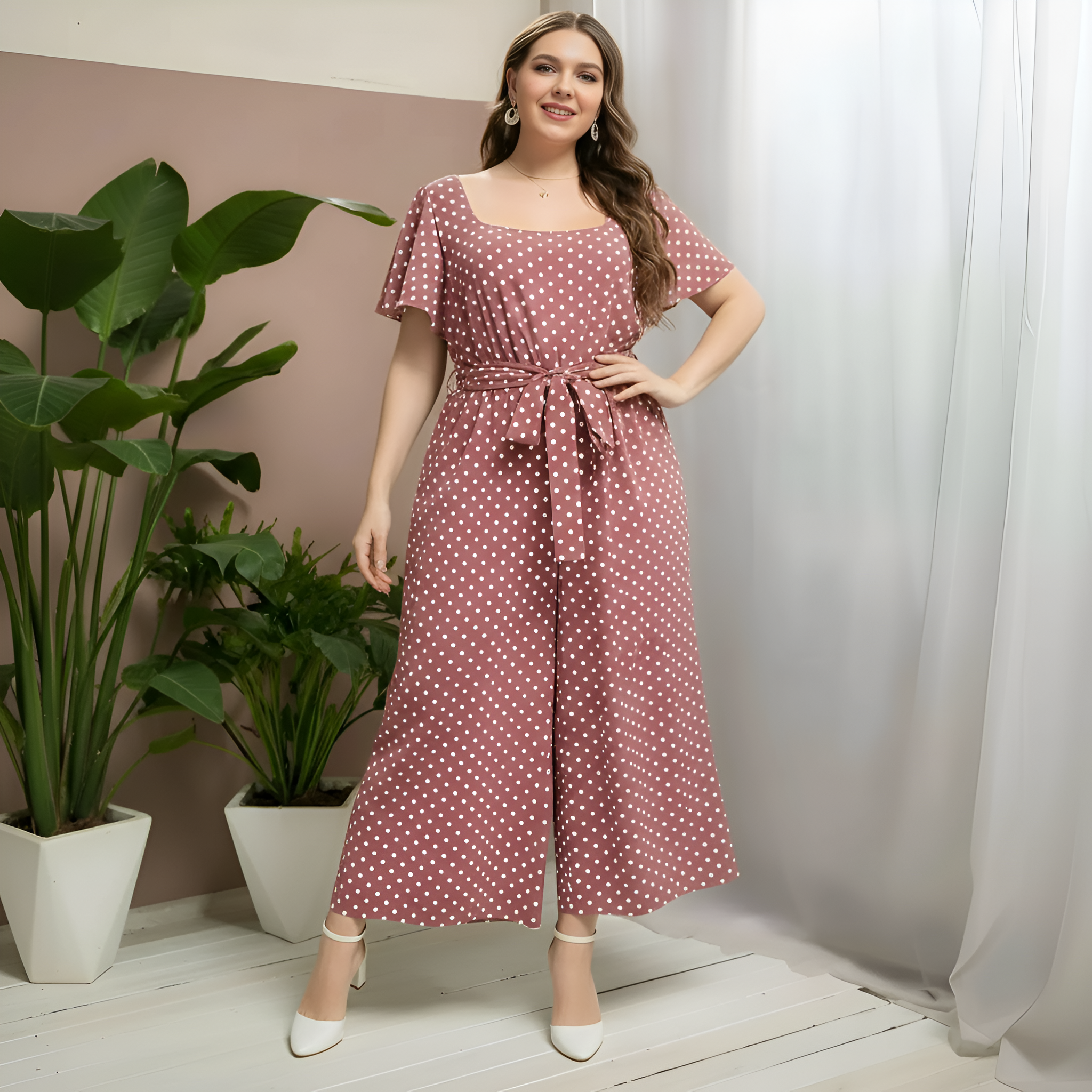 Plus Size Polka Dot Design Jumpsuit With Belt For Women