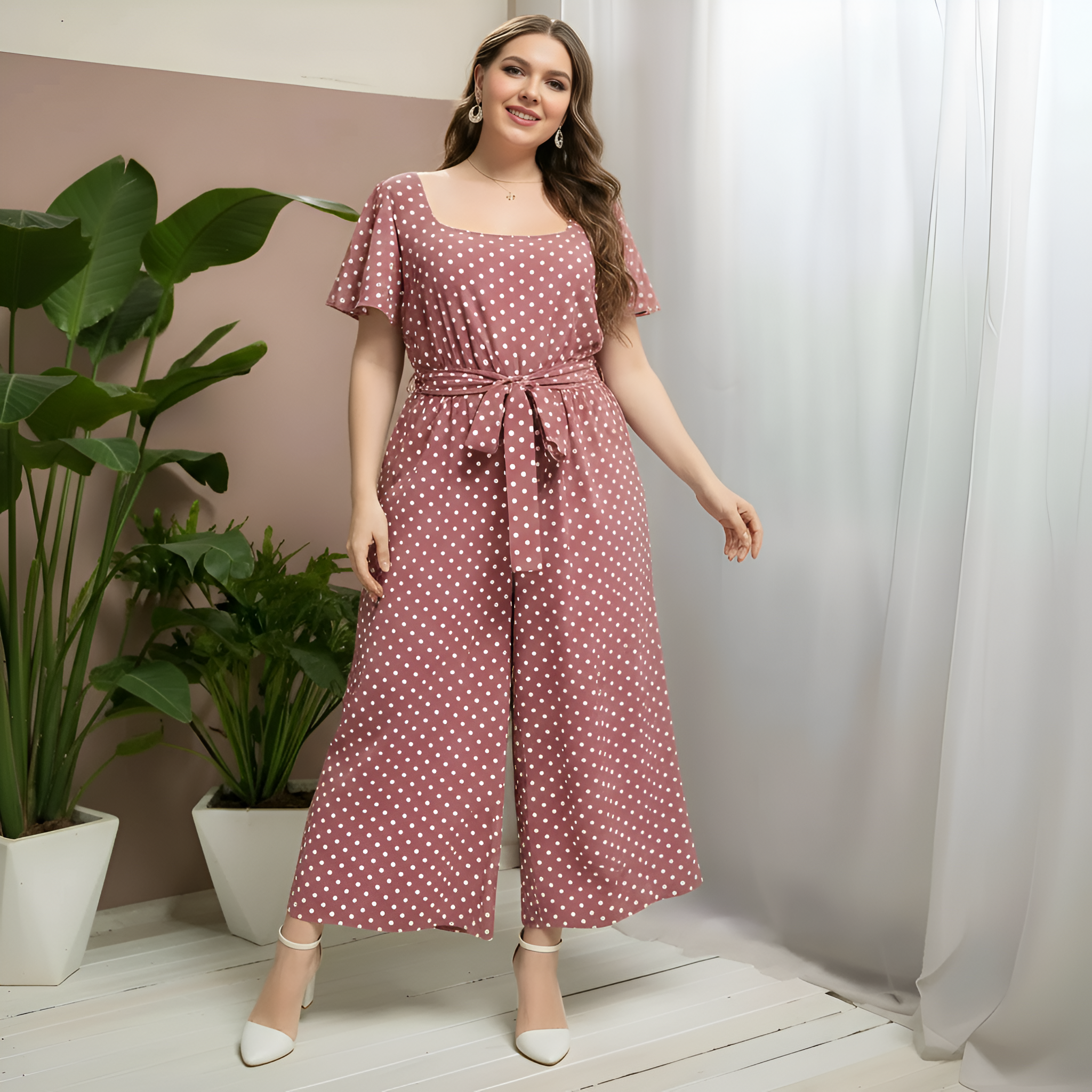 Plus Size Polka Dot Design Jumpsuit With Belt For Women