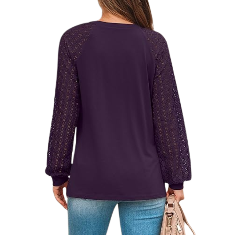 Long Sleeve Tops With Pleated Front And Lace Detail For Women