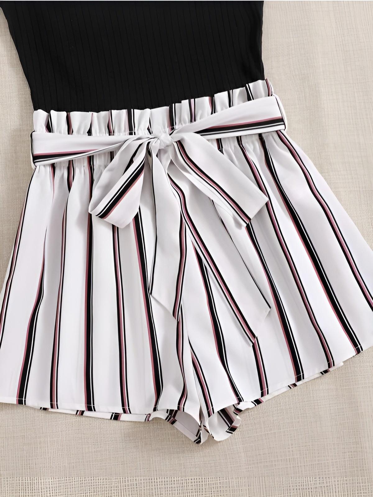 Round Neck Striped Belted Romper-Comfy Jumpsuits