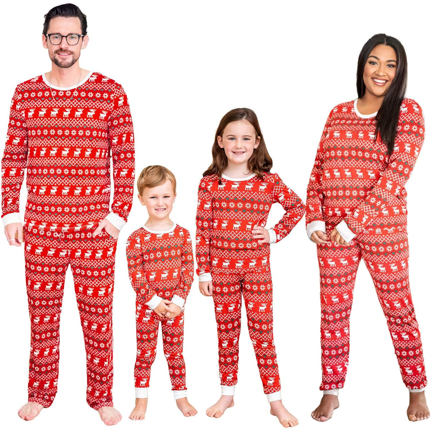Red Reindeer Design Matching Family Christmas Pajamas With Long Sleeve Tops And Loungewear