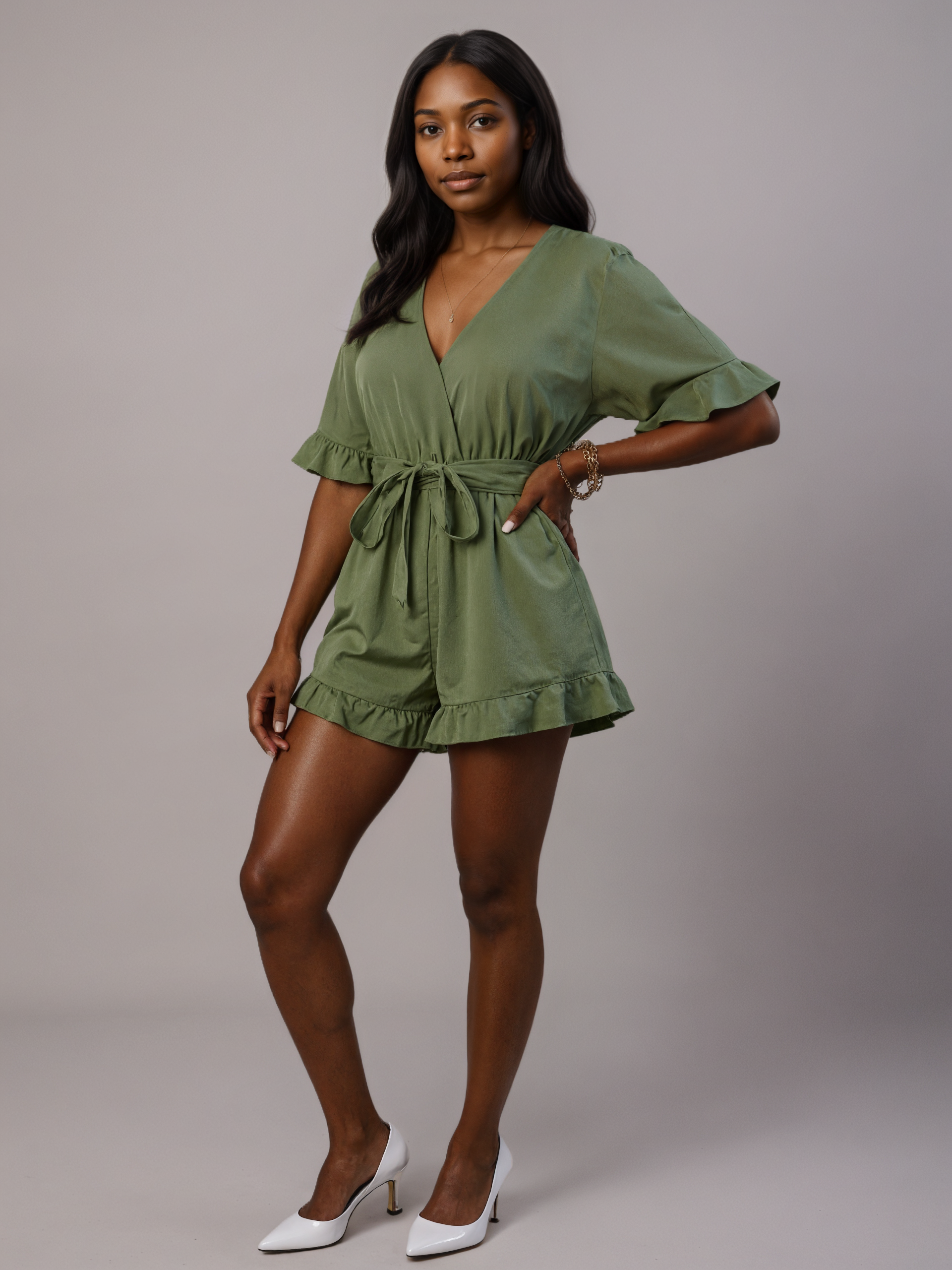Ruffle Sleeve Belted Short Romper