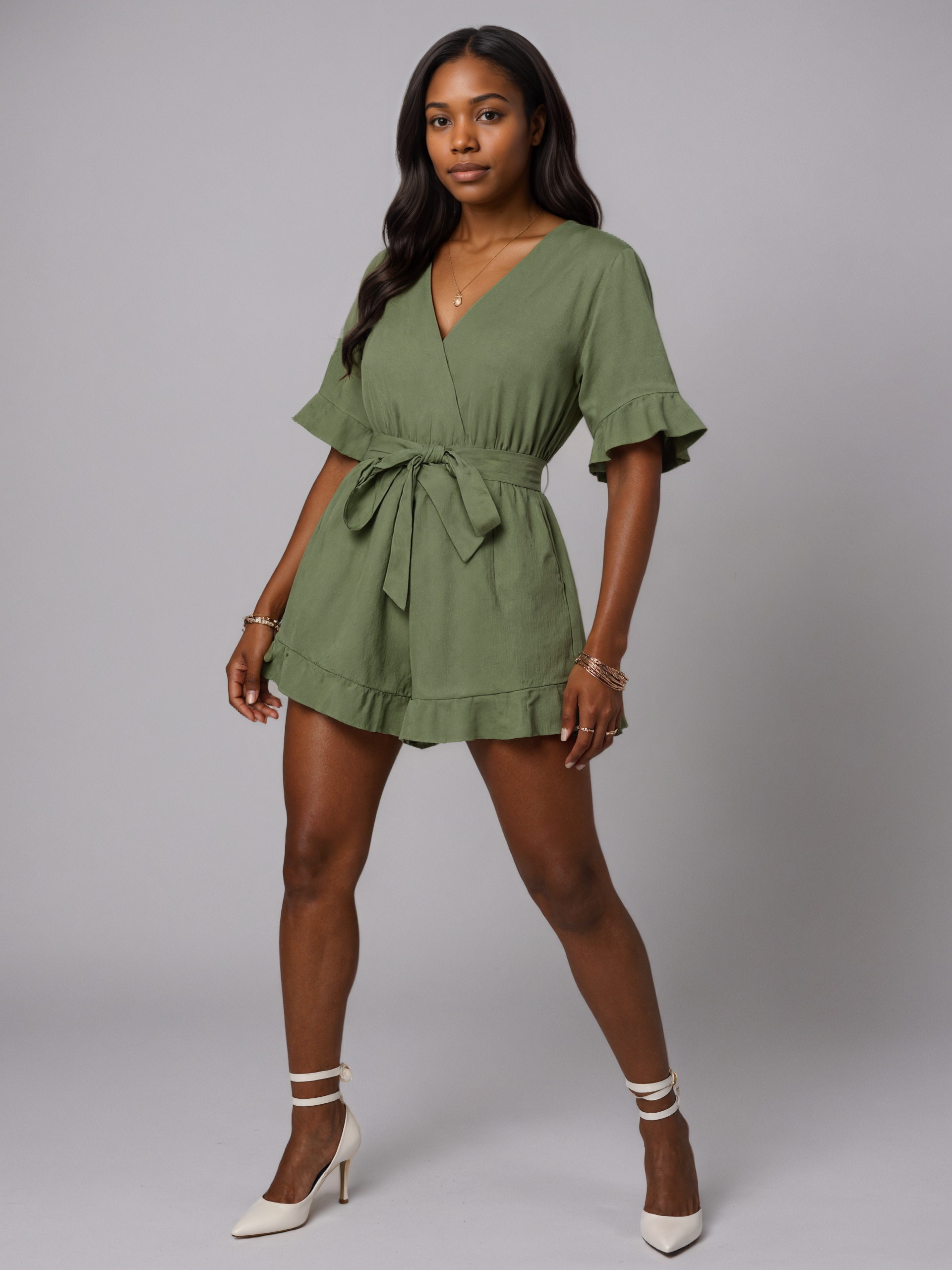 Ruffle Sleeve Belted Short Romper