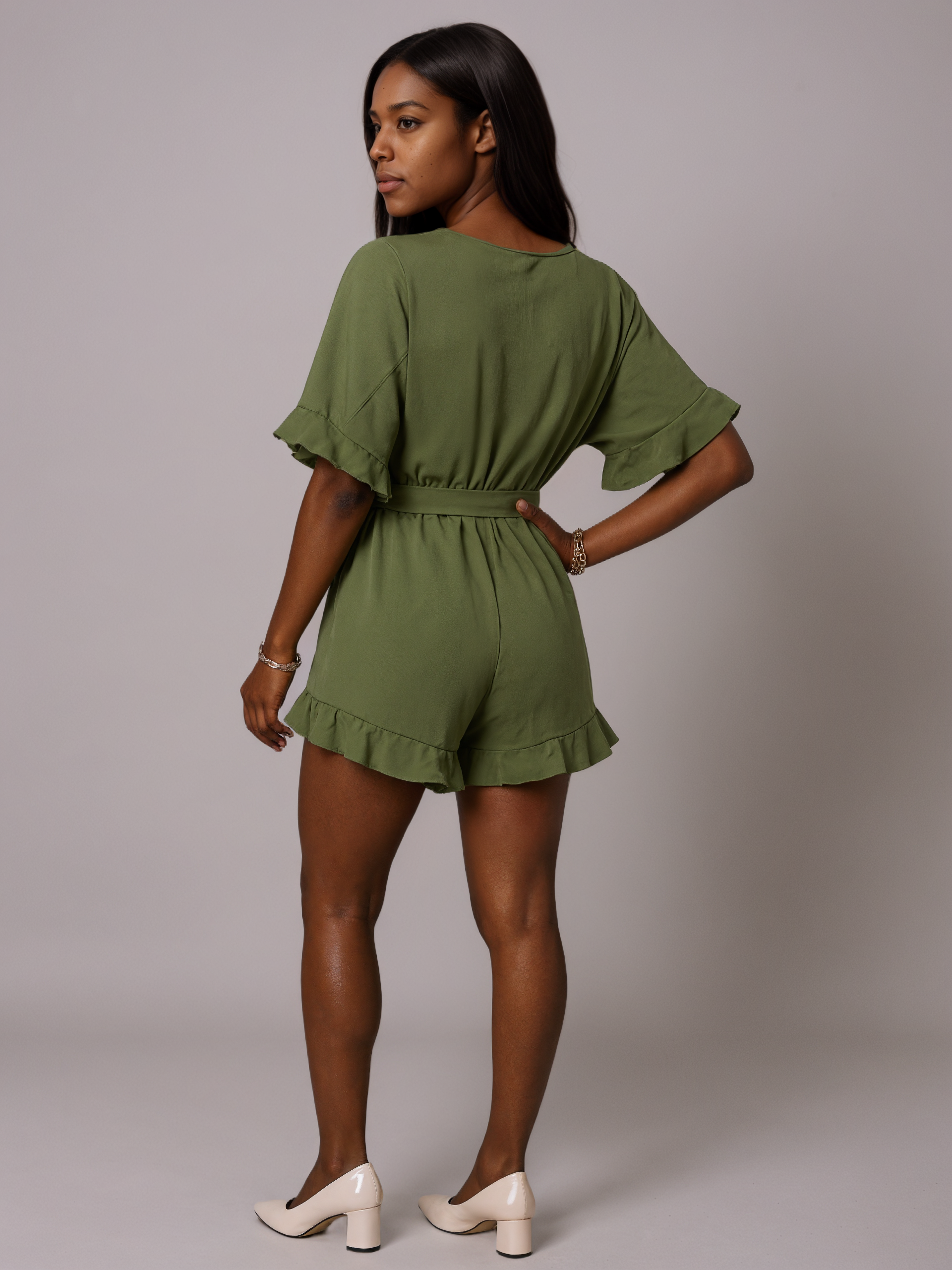 Ruffle Sleeve Belted Short Romper