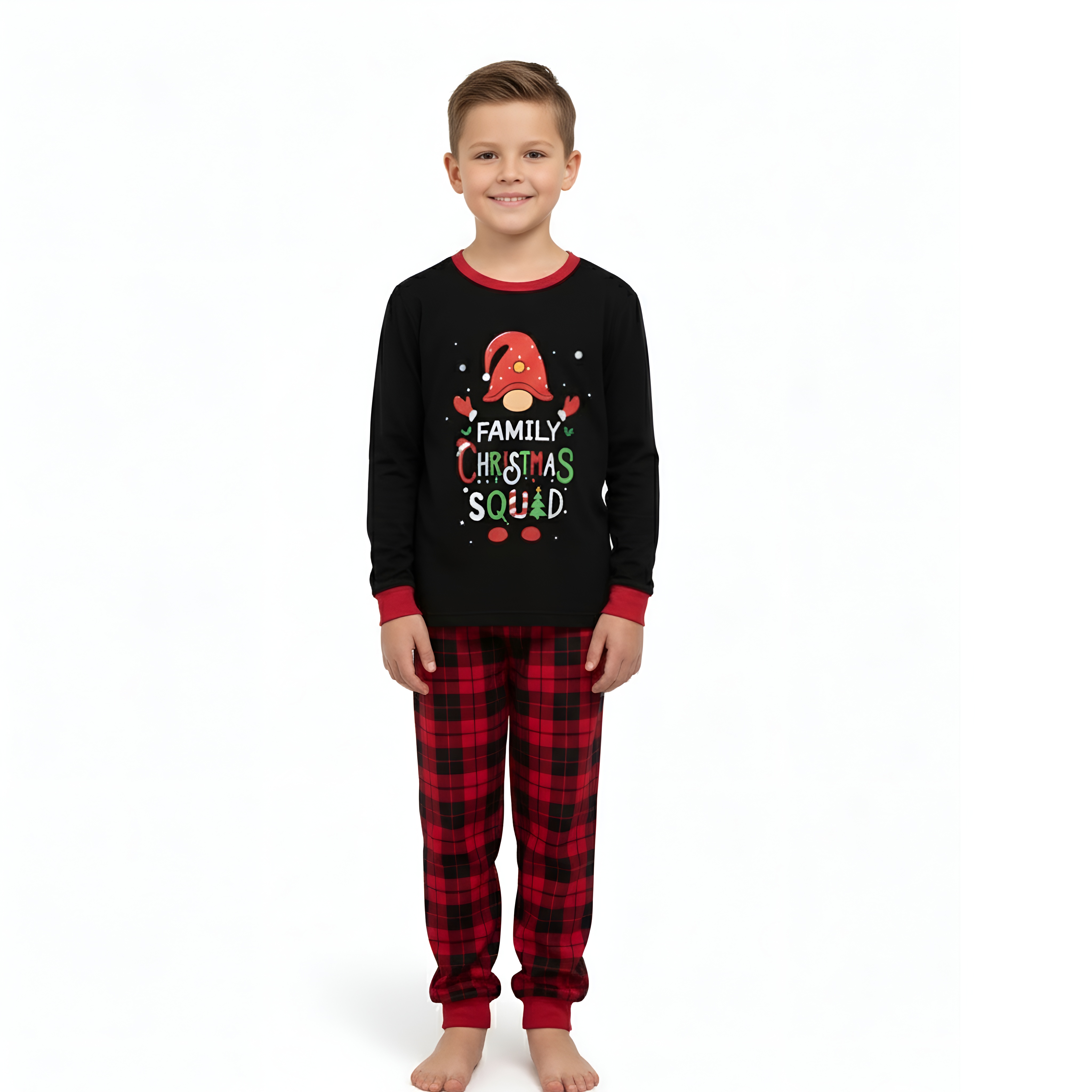Santa Gnome Family Christmas Squad Printed Matching Plaid Pajama Set