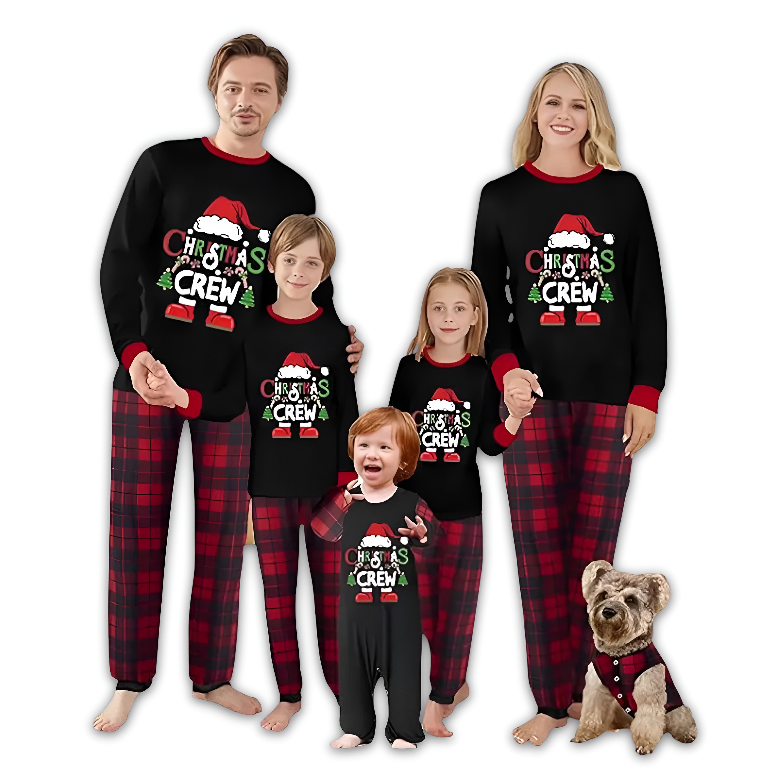 Santa Hat Christmas Crew Printed Family Matching Plaid Pajama Set