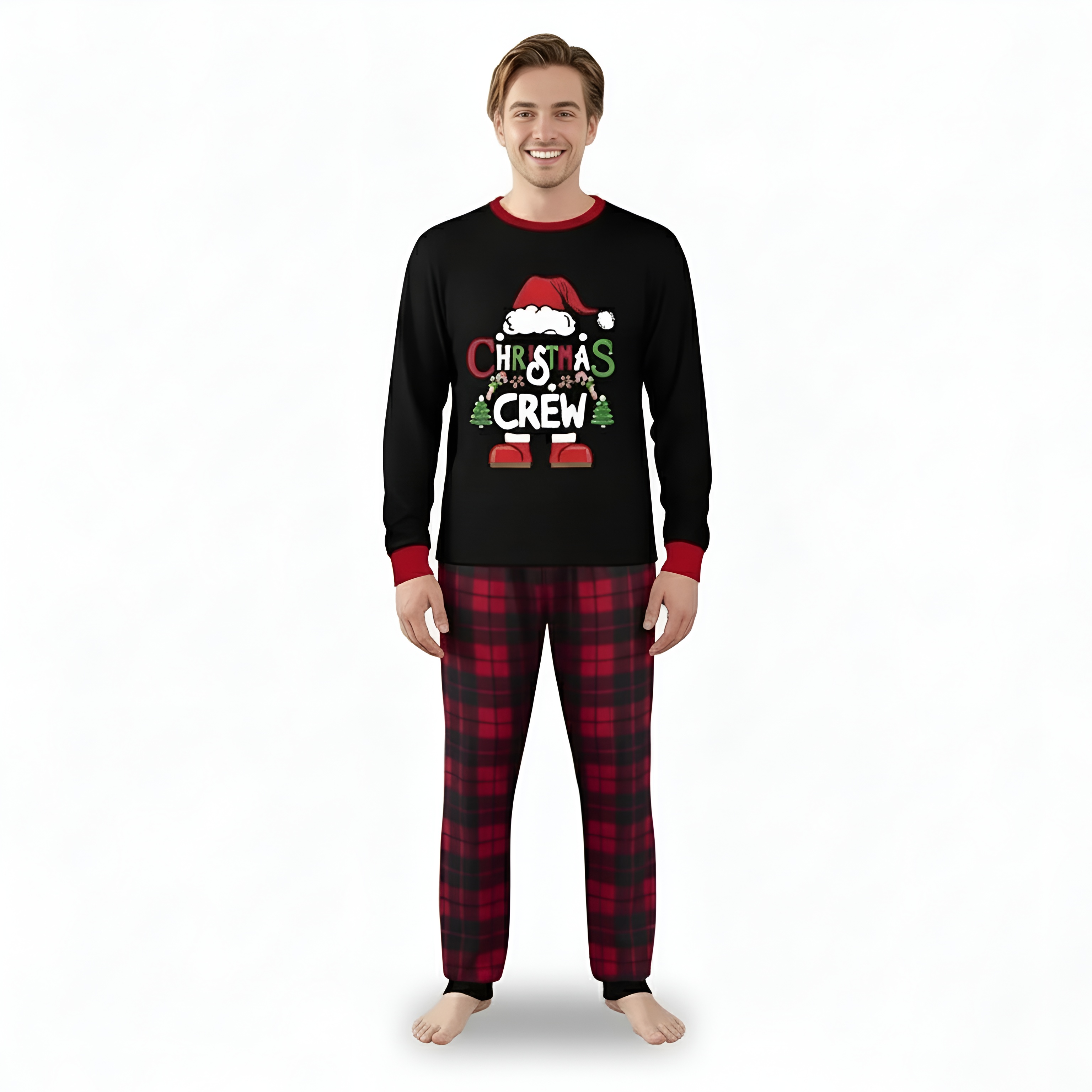 Santa Hat Christmas Crew Printed Family Matching Plaid Pajama Set