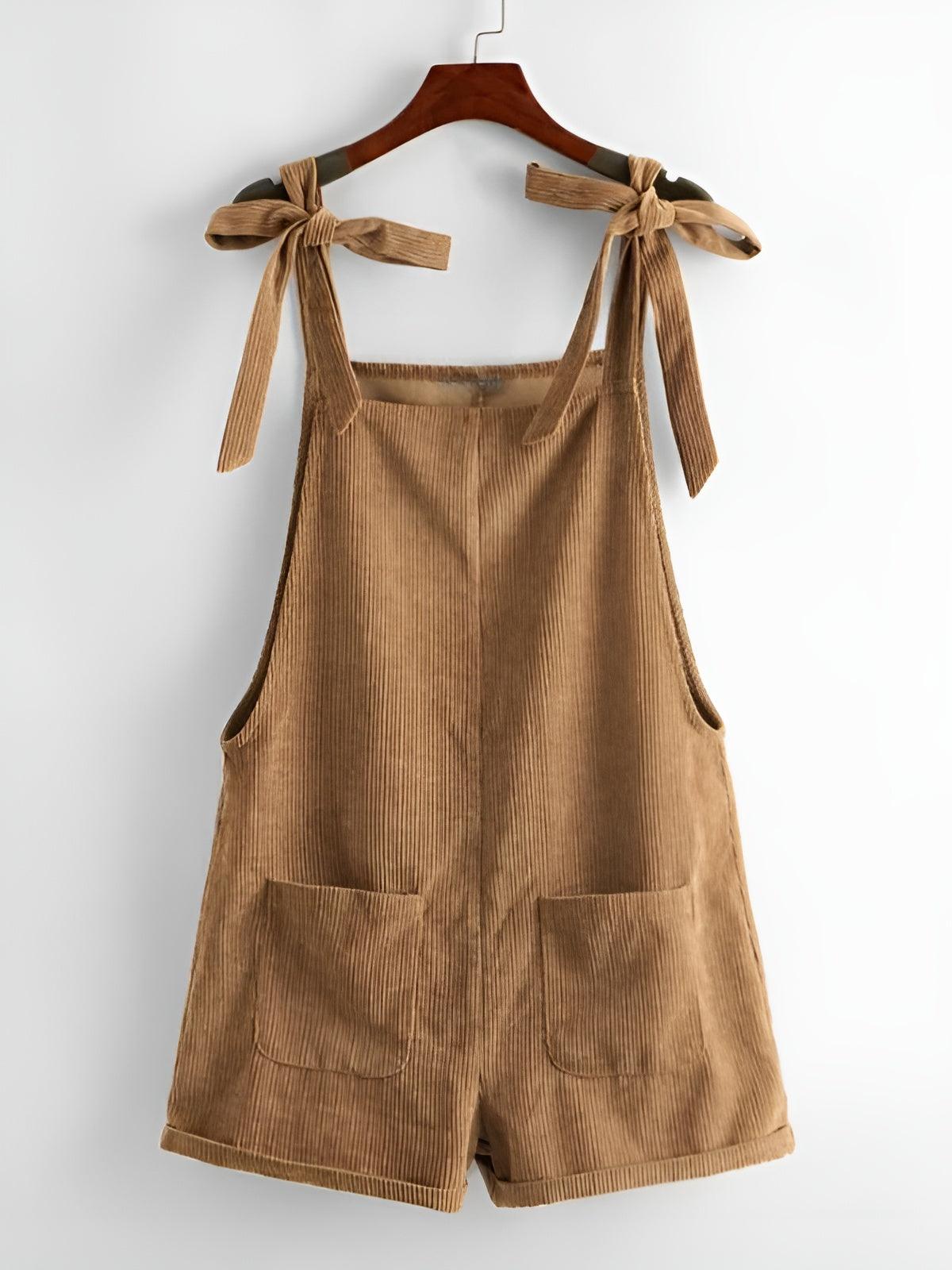Knot Shoulder Patch Pocket Cord Overall Shorts-Comfy Jumpsuits