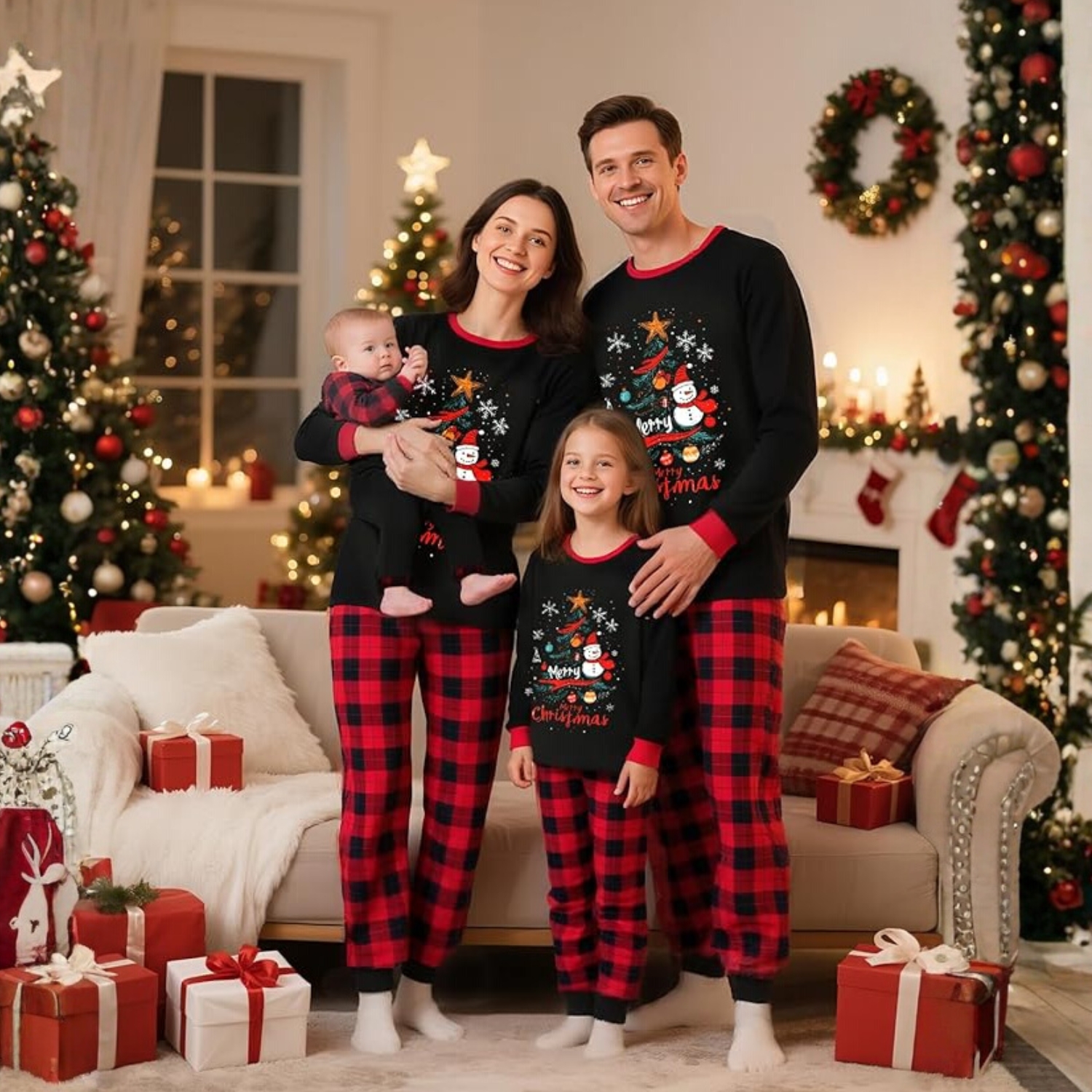 Snowman And Christmas Tree Printed Family Matching Plaid Pajama SetMerry Christmas Snowman Print Family Pajama Set - Image 4