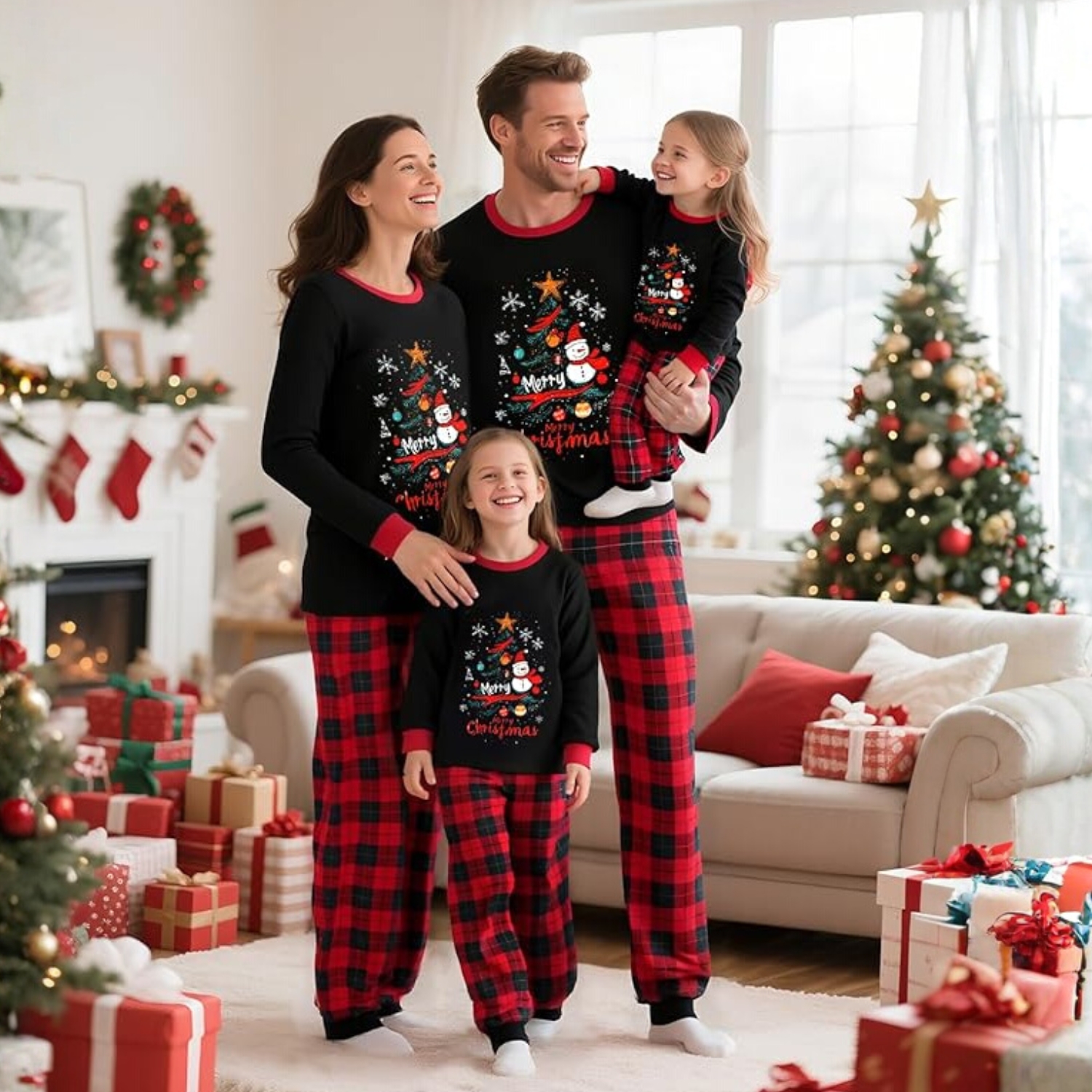Snowman And Christmas Tree Printed Family Matching Plaid Pajama Set