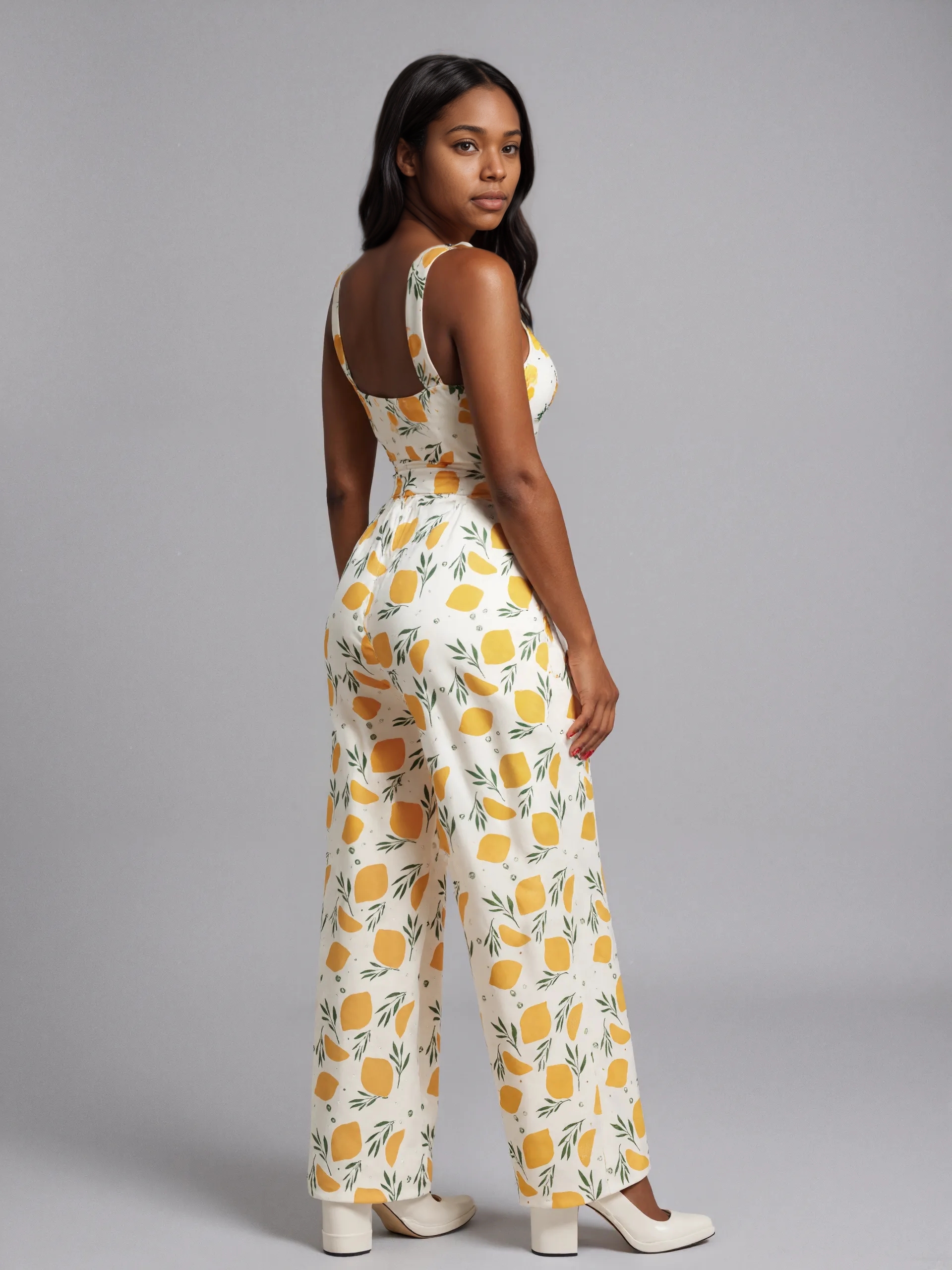 Tied Waist Lemon Motif Jumpsuit