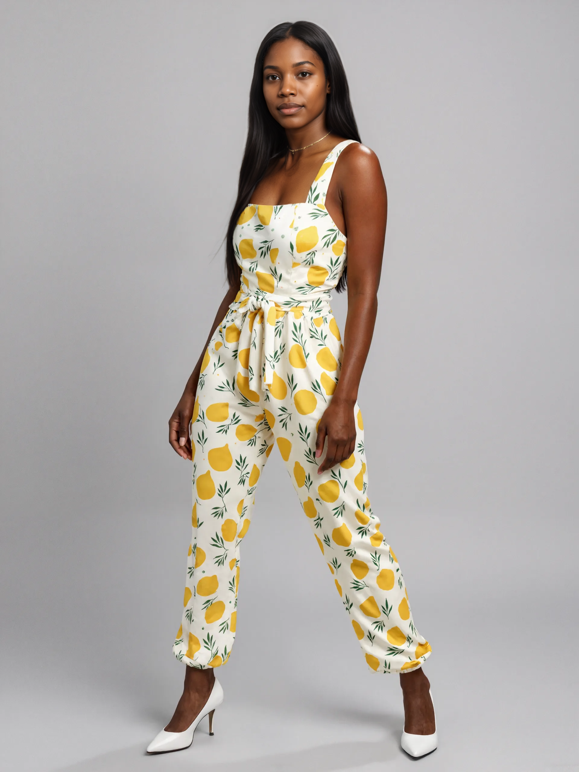 Tied Waist Lemon Motif Jumpsuit