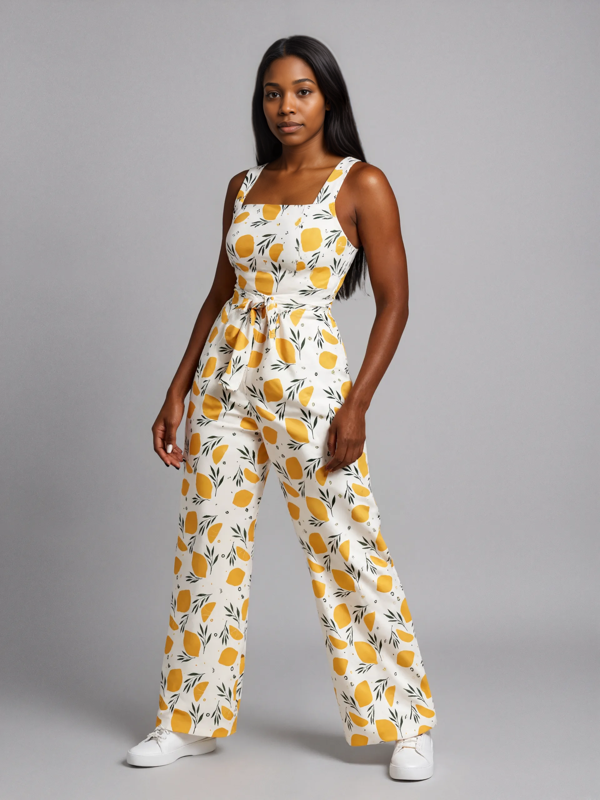 Tied Waist Lemon Motif Jumpsuit