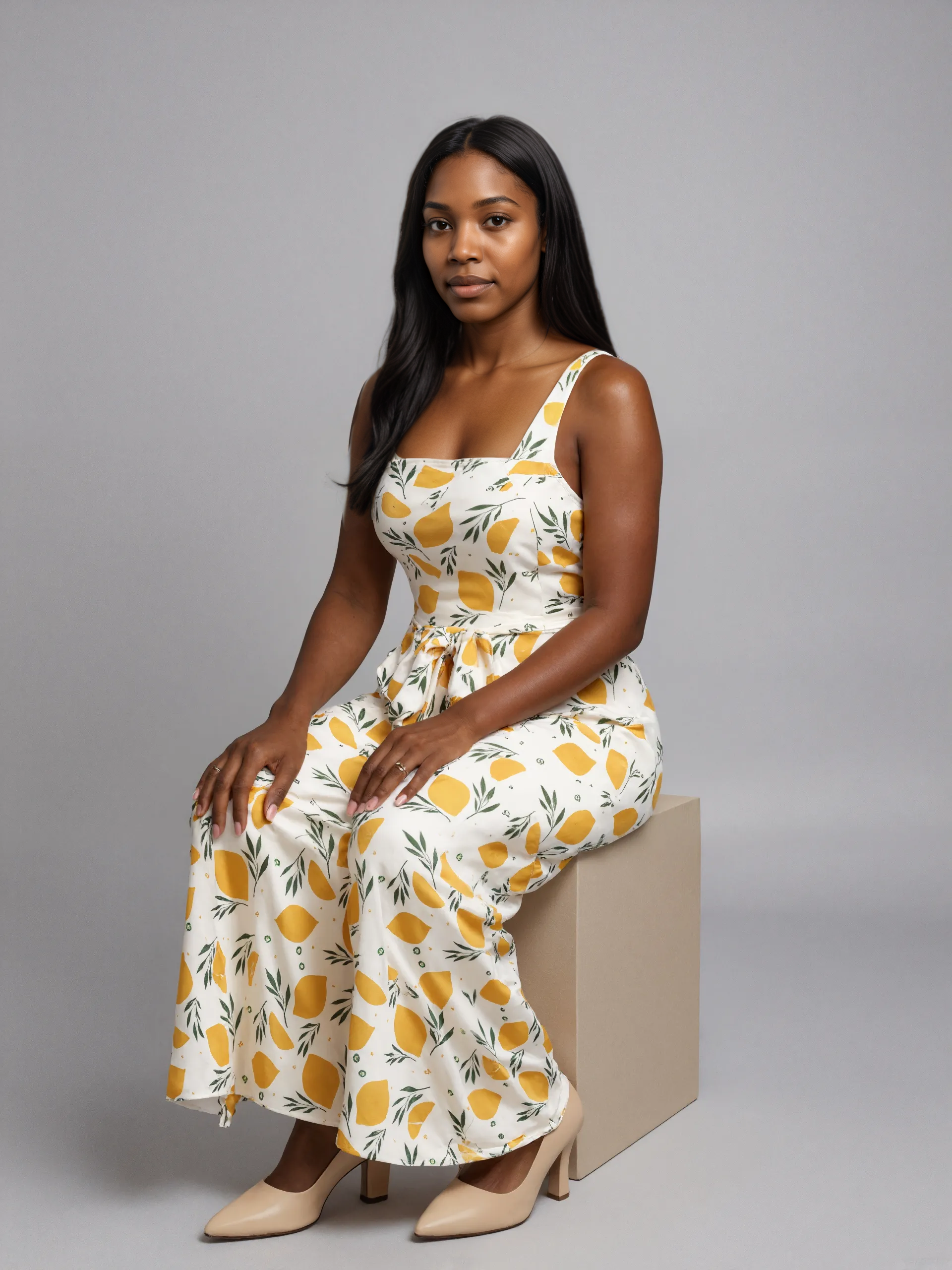 Tied Waist Lemon Motif Jumpsuit