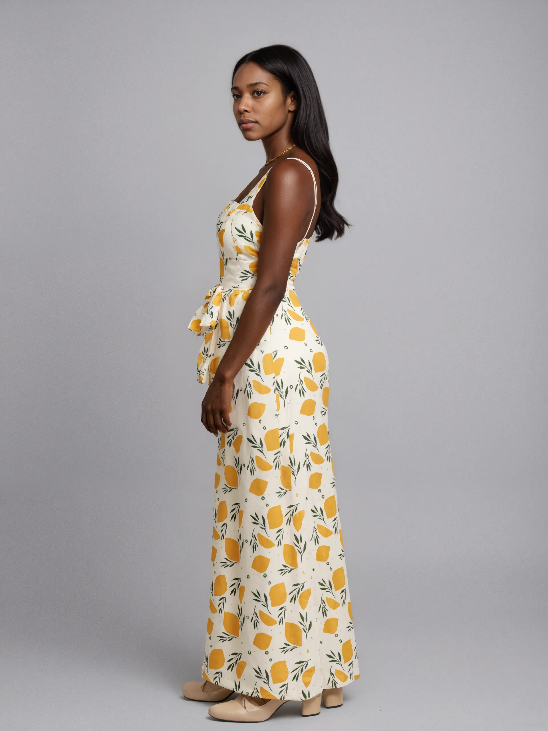 Tied Waist Lemon Motif Jumpsuit