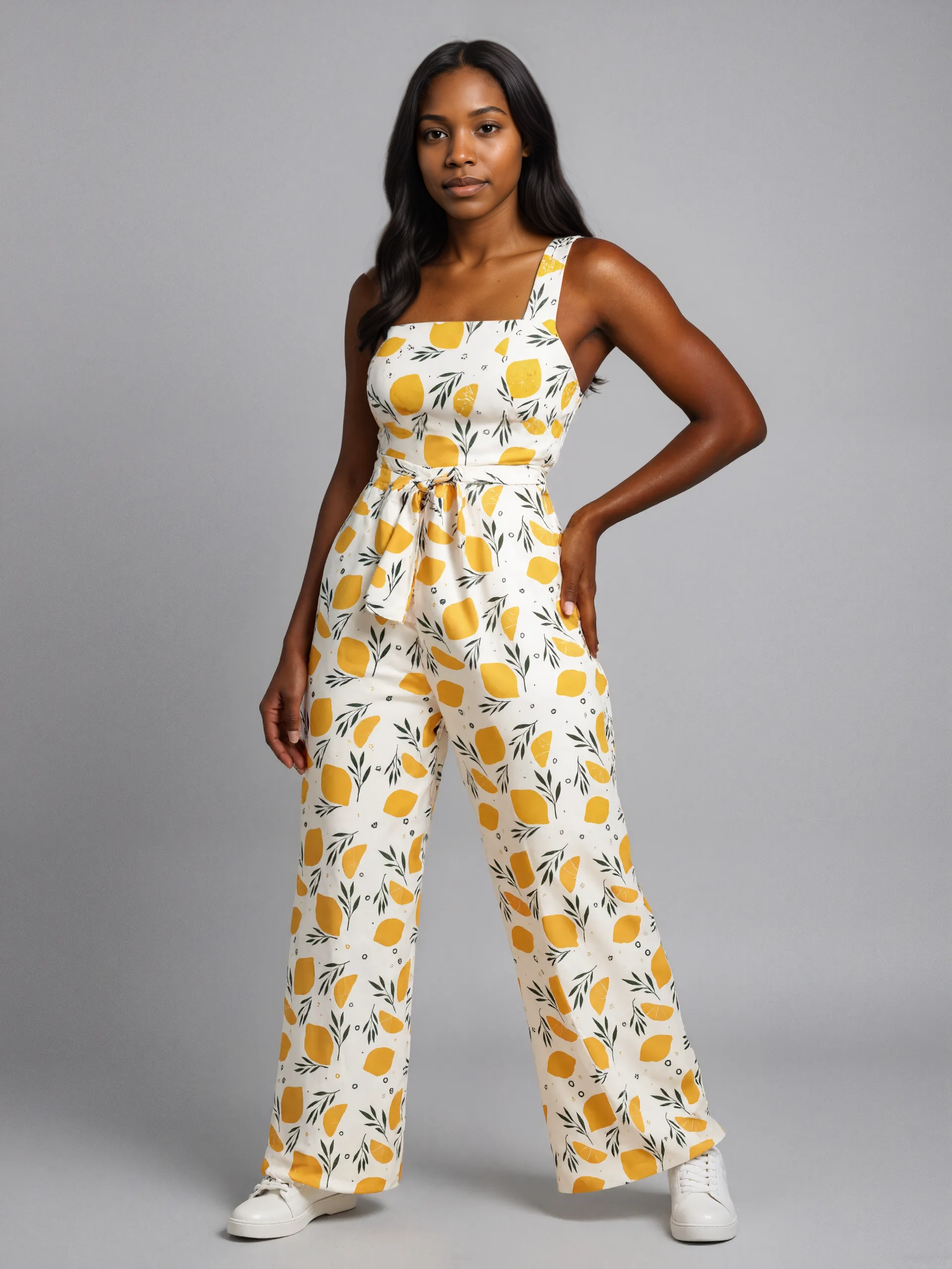 Tied Waist Lemon Motif Jumpsuit