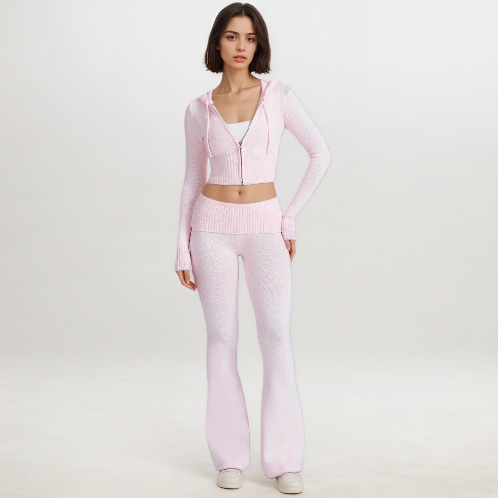 Two Piece Lounge Set With Zip Front Hoodie And Ribbed Knit Pants