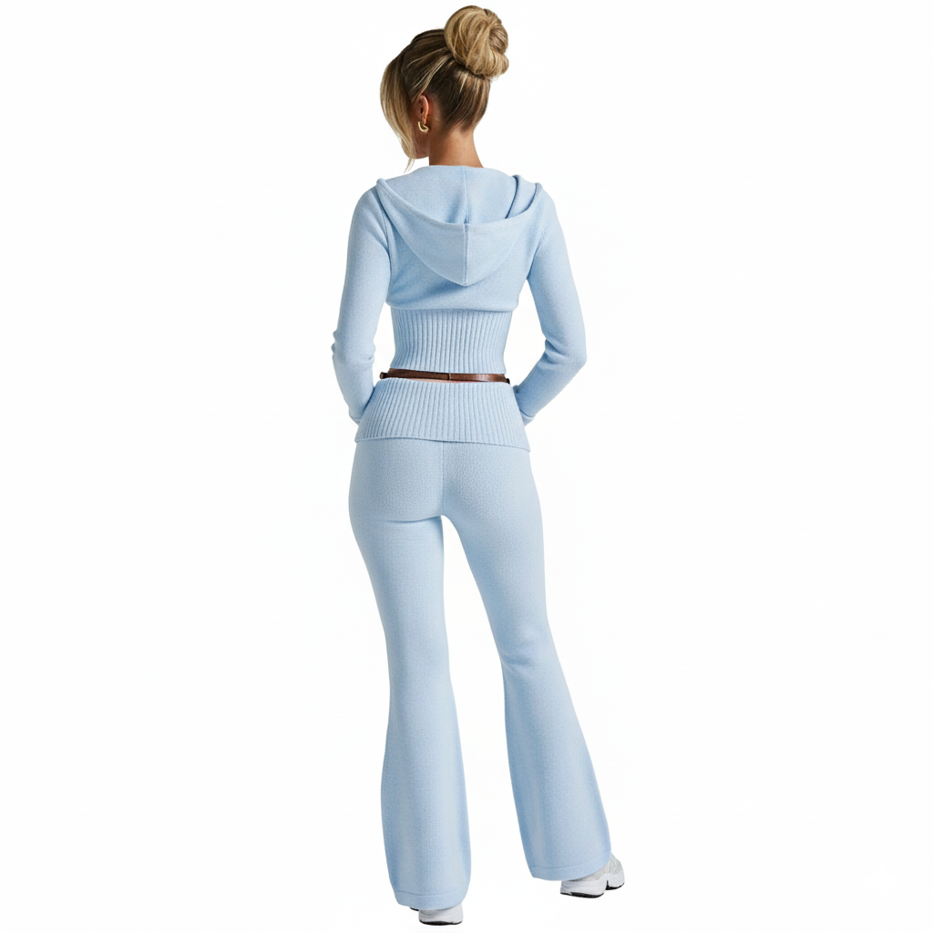 Two Piece Lounge Set With Zip Front Hoodie And Ribbed Knit Pants