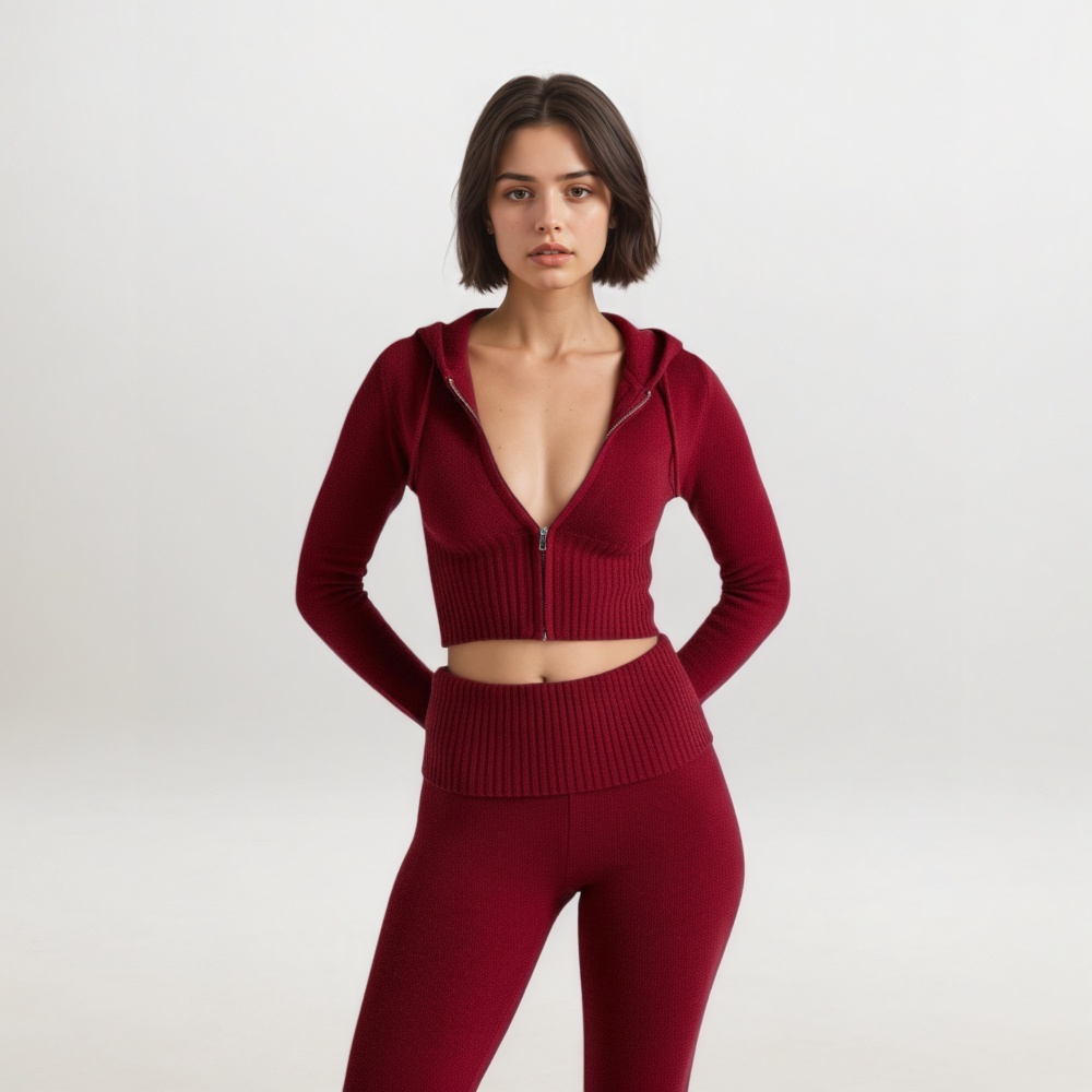 Two Piece Lounge Set With Zip Front Hoodie And Ribbed Knit Pants