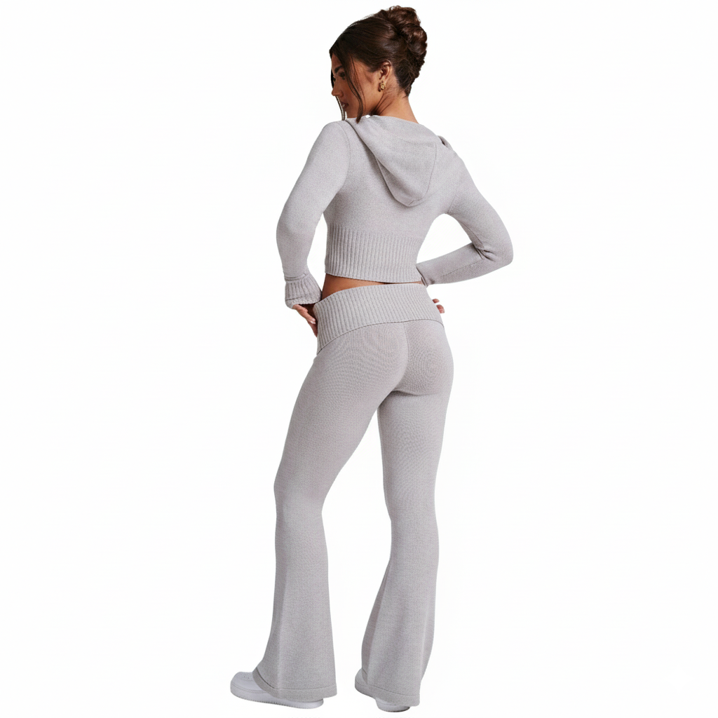 Two Piece Lounge Set With Zip Front Hoodie And Ribbed Knit Pants