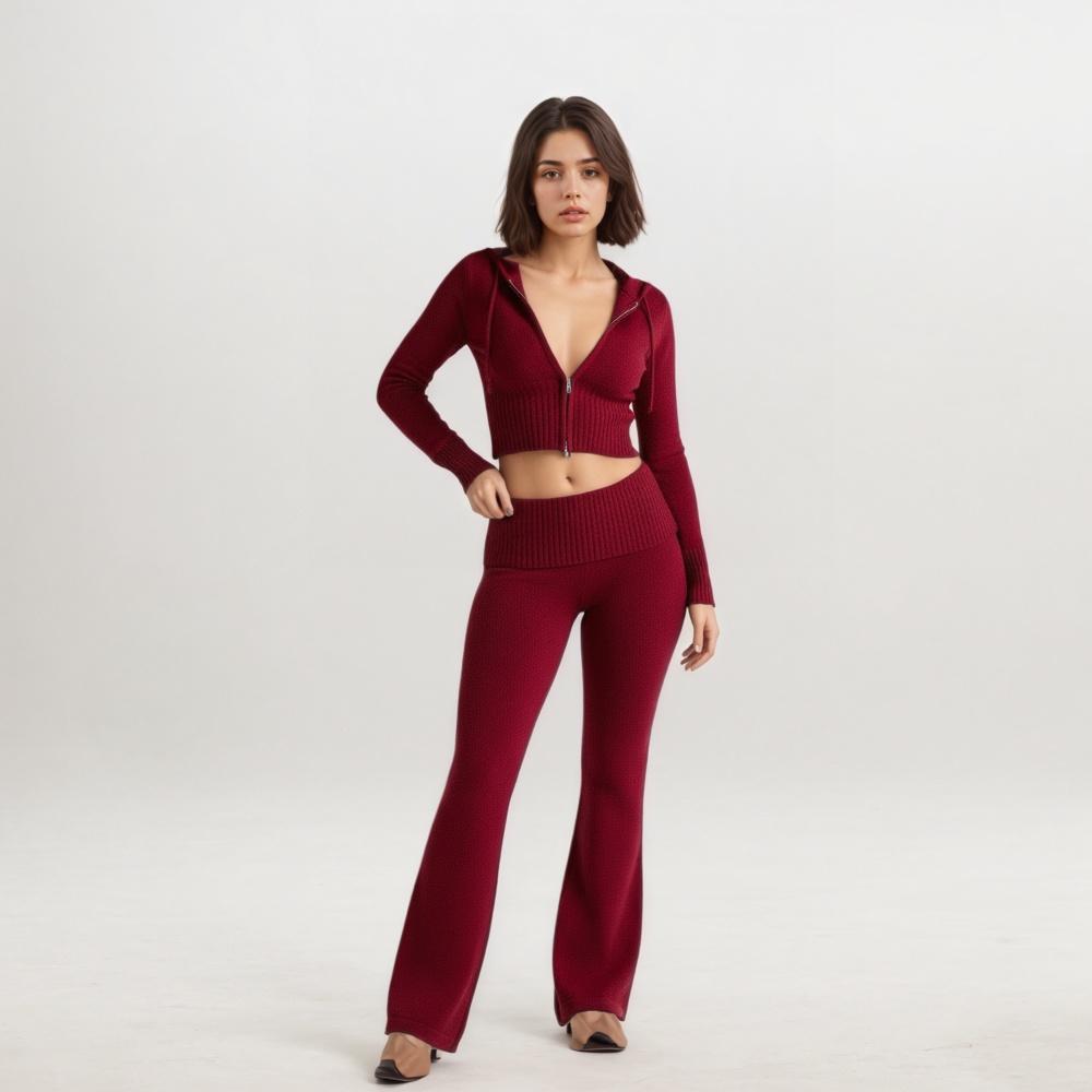 Two Piece Lounge Set With Zip Front Hoodie And Ribbed Knit Pants