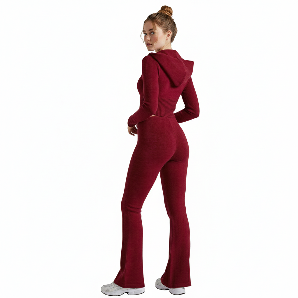 Two Piece Lounge Set With Zip Front Hoodie And Ribbed Knit Pants