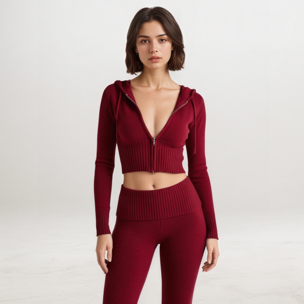 Two Piece Lounge Set With Zip Front Hoodie And Ribbed Knit Pants